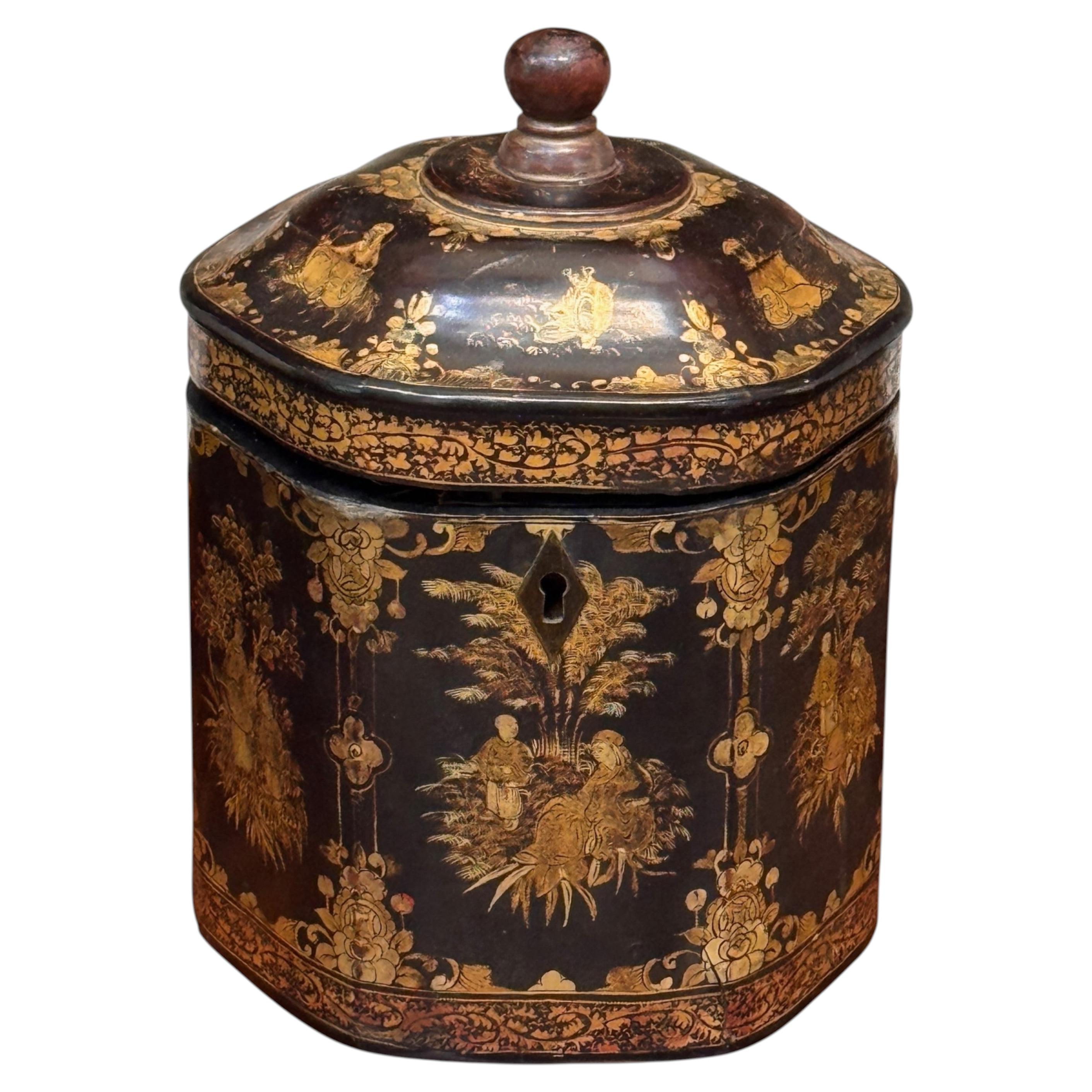 Early 19th Century Chinese Export Lacquer Tea Caddy in Cylindrical Form