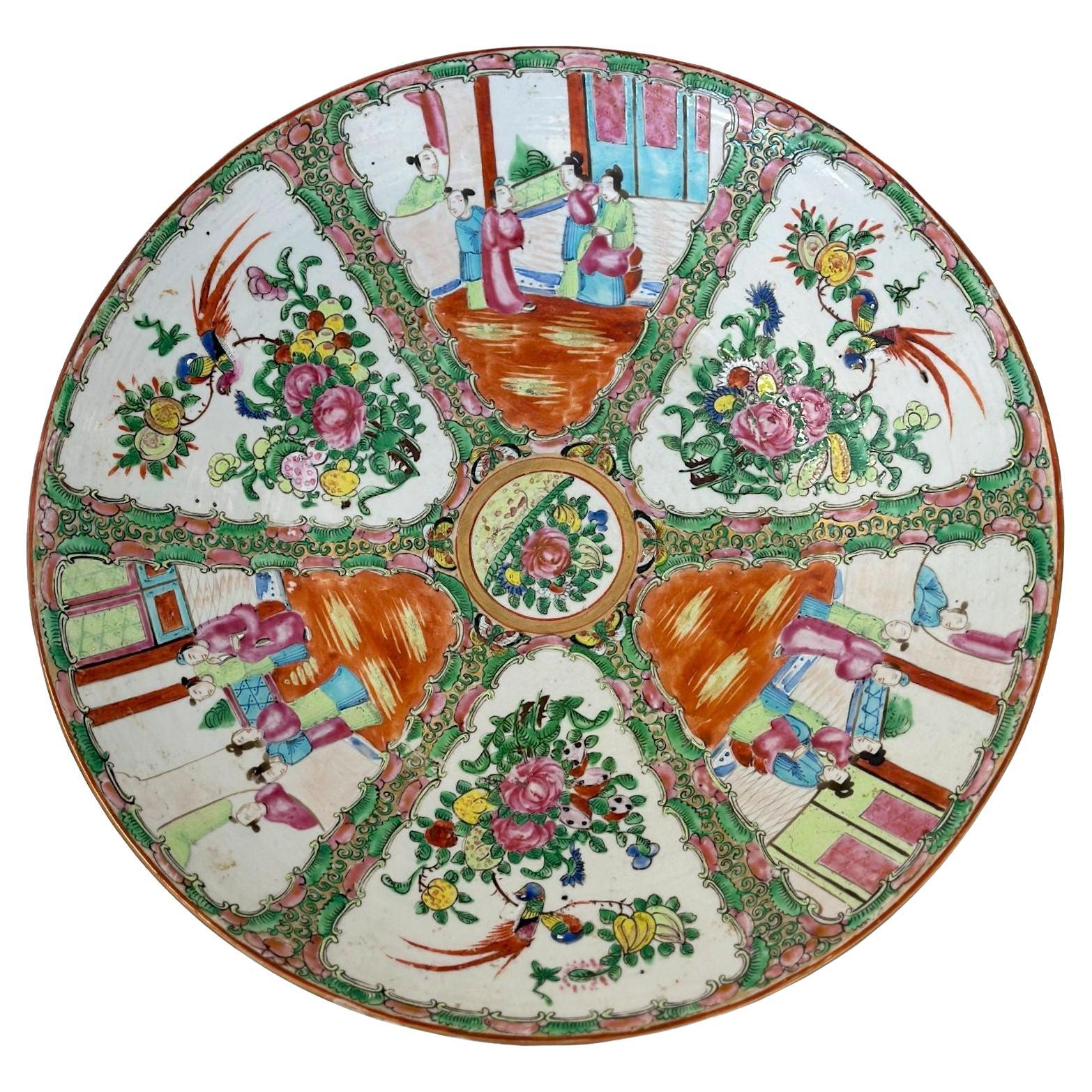 Early 19th Century Chinese Export Rose Canton Hand-Painted Charger Plate (16”) For Sale