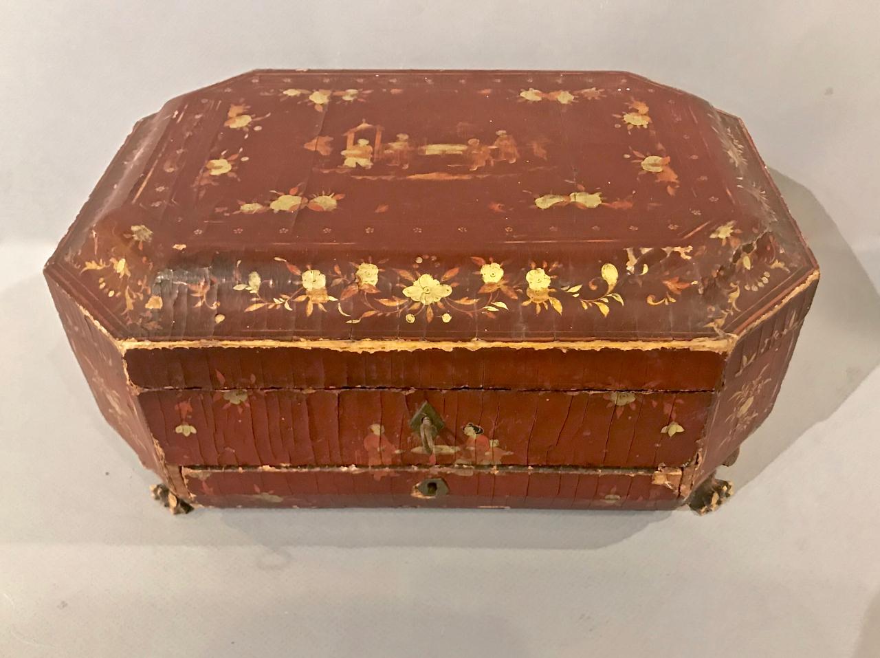 This charming 19th century Chinese lacquer sewing box has seen many hands and much love having developed a deep natural patina over its 200 years of life. Although deeply patinated this sewing box retains a high decorative value. The box features a