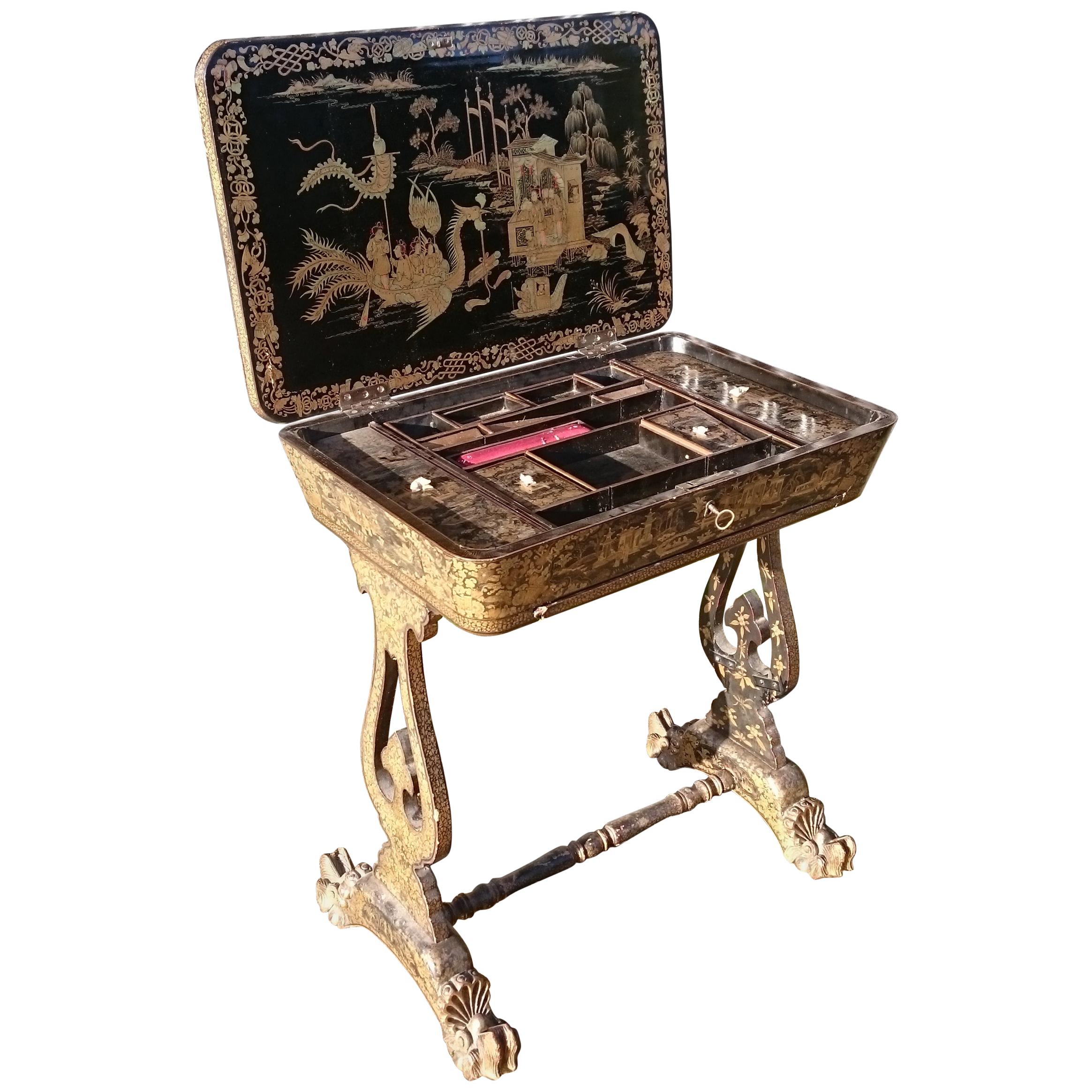 Early 19th Century Chinese Lacquer Work Table / Sewing Table For Sale