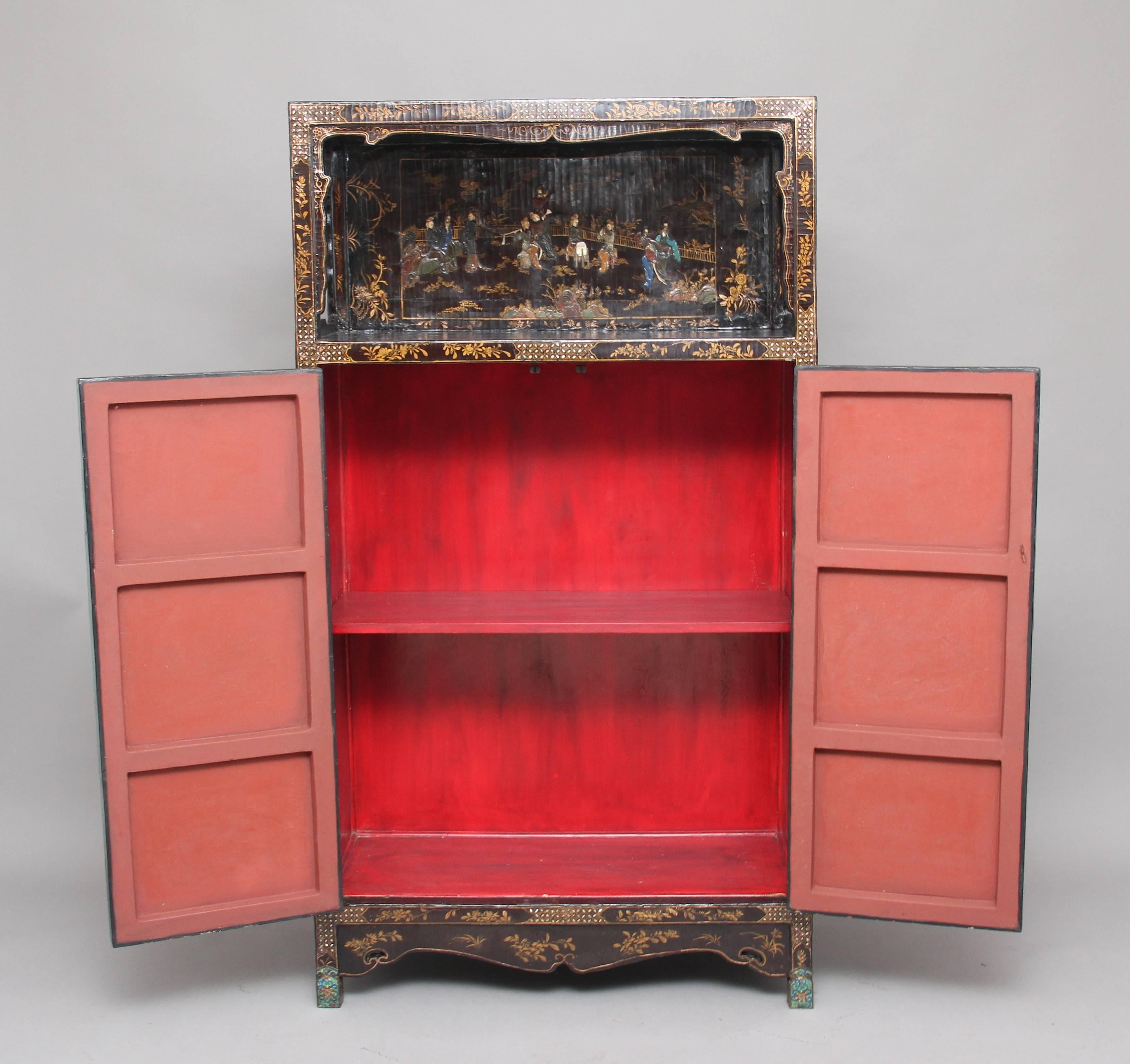 Gilt Early 19th Century Chinese Lacquered and Hardstone Inlaid Cabinet