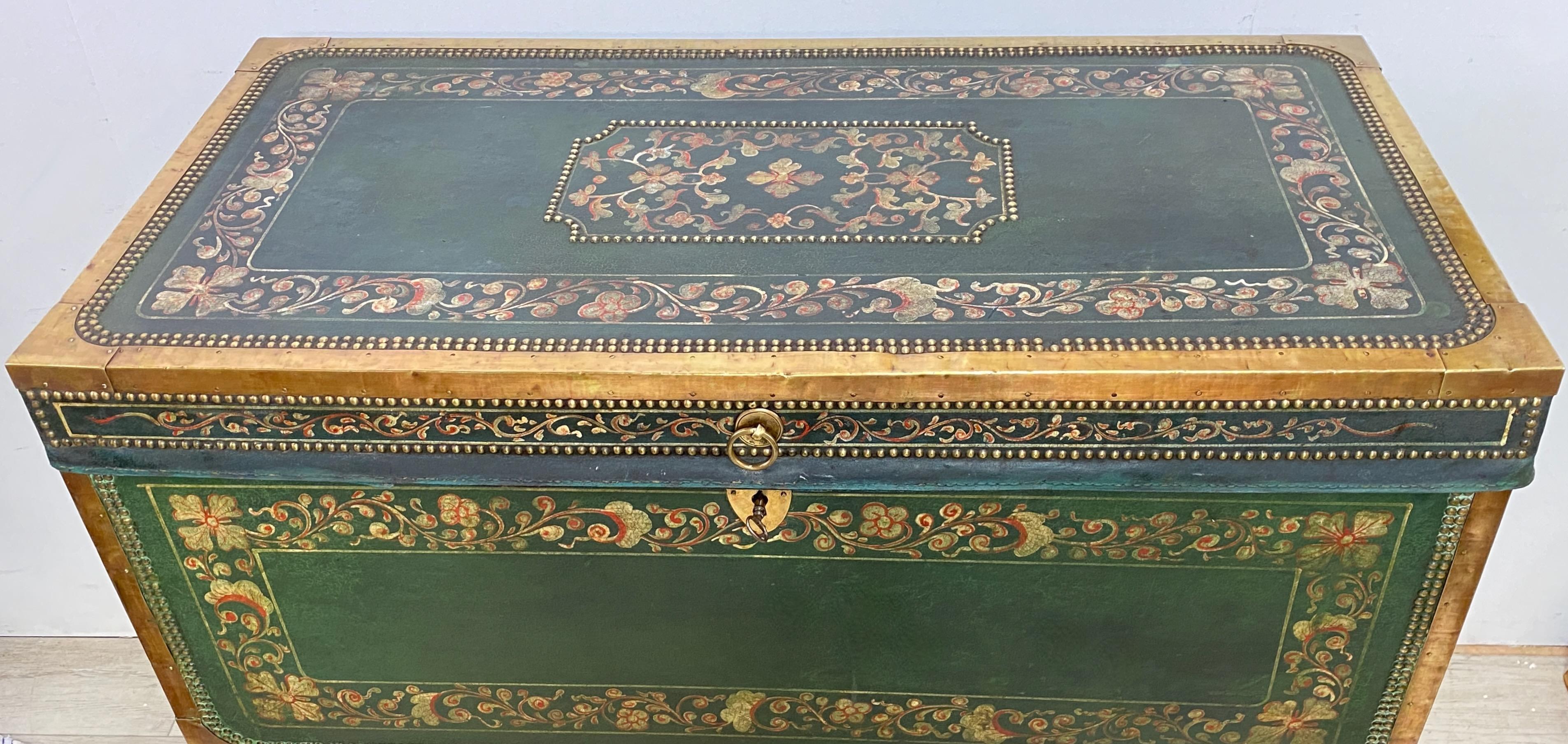 Hand-Painted Early 19th Century Chinese Leather Covered Camphor Wood Trunk / Coffee Table For Sale