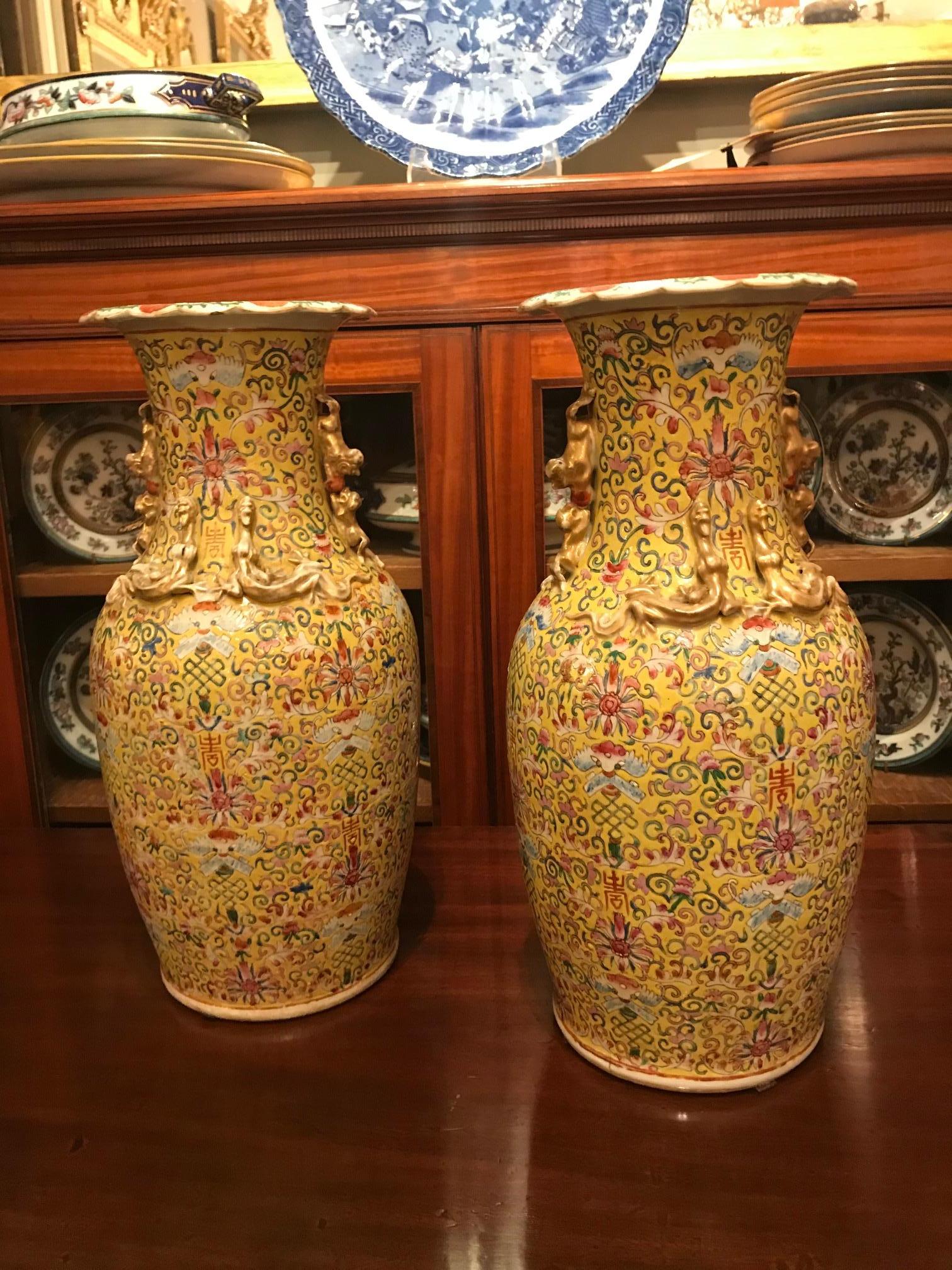 Early 19th century Chinese Qing Dynasty Famille Jaune pair of tall baluster vases of circular form, the everted scalloped rim with scrolling foliate and flower head motif in orange and green glaze against white ground raised over tapering neck with