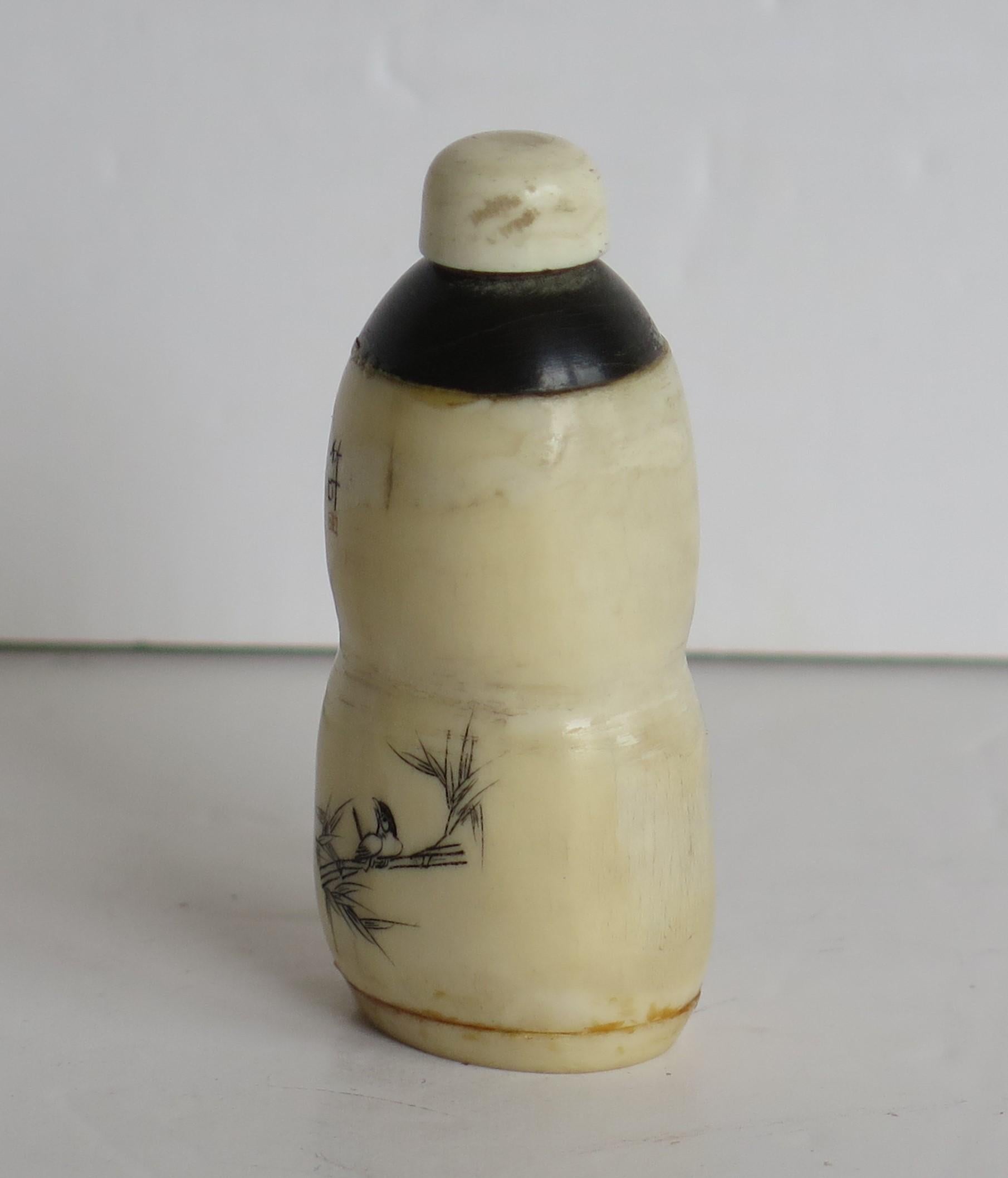 Hand-Carved Early 19th Century Chinese Snuff Bottle Hand Engraved & Inked on Bovine Bone