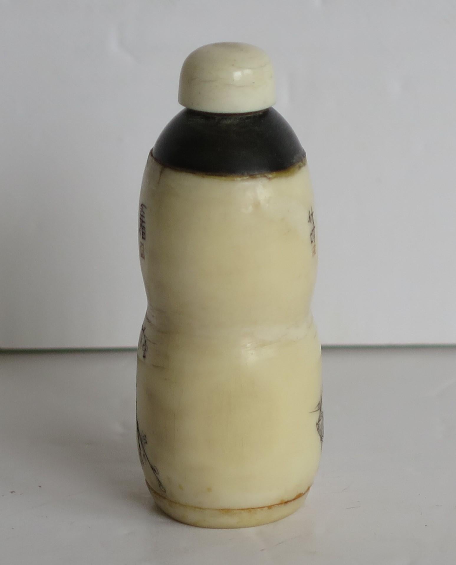 Early 19th Century Chinese Snuff Bottle Hand Engraved & Inked on Bovine Bone 1