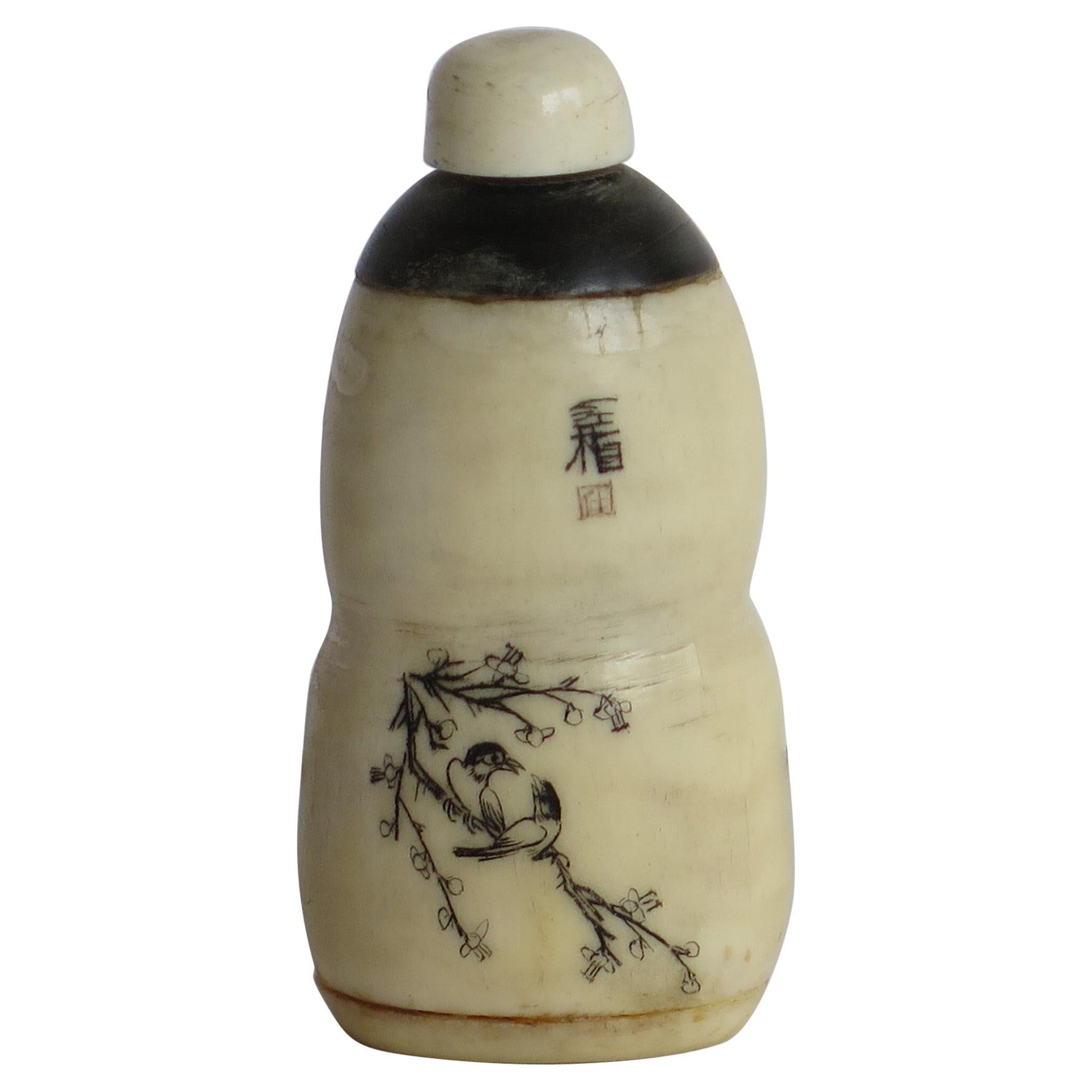 Early 19th Century Chinese Snuff Bottle Hand Engraved & Inked on Bovine Bone