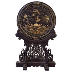 Antique Early 19th Century Chinese Table Screen Black Lacquered