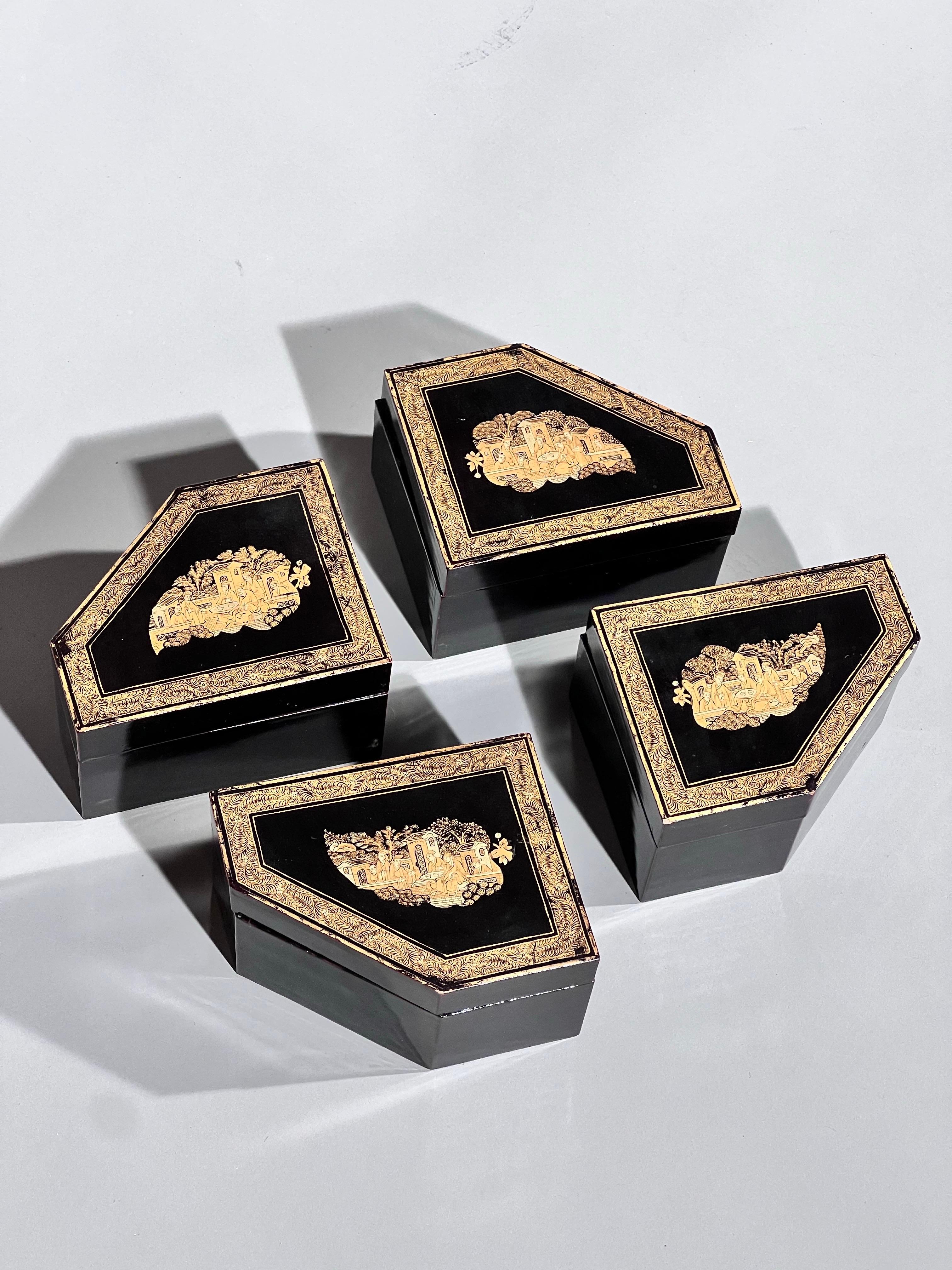 Early 19th Century Chinoiserie Black Lacquer Boxes In Good Condition For Sale In Richmond, London
