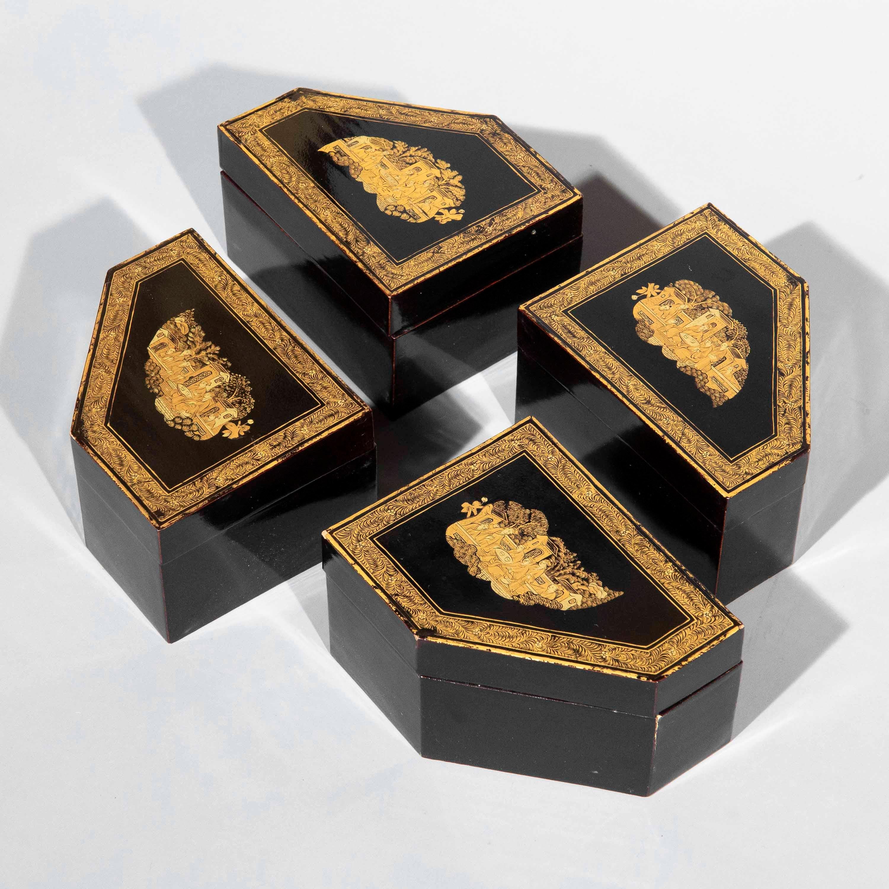 An early 19th century set of four small chinoiserie black lacquer and gilt boxes. Circa 1830.

Why we like them

Exquisite gilt decoration, wonderfully preserved original condition.

Dimensions

Width: 11.5 cm / 4.5”
Depth: 9 cm / 3.5”
Height: 7 cm
