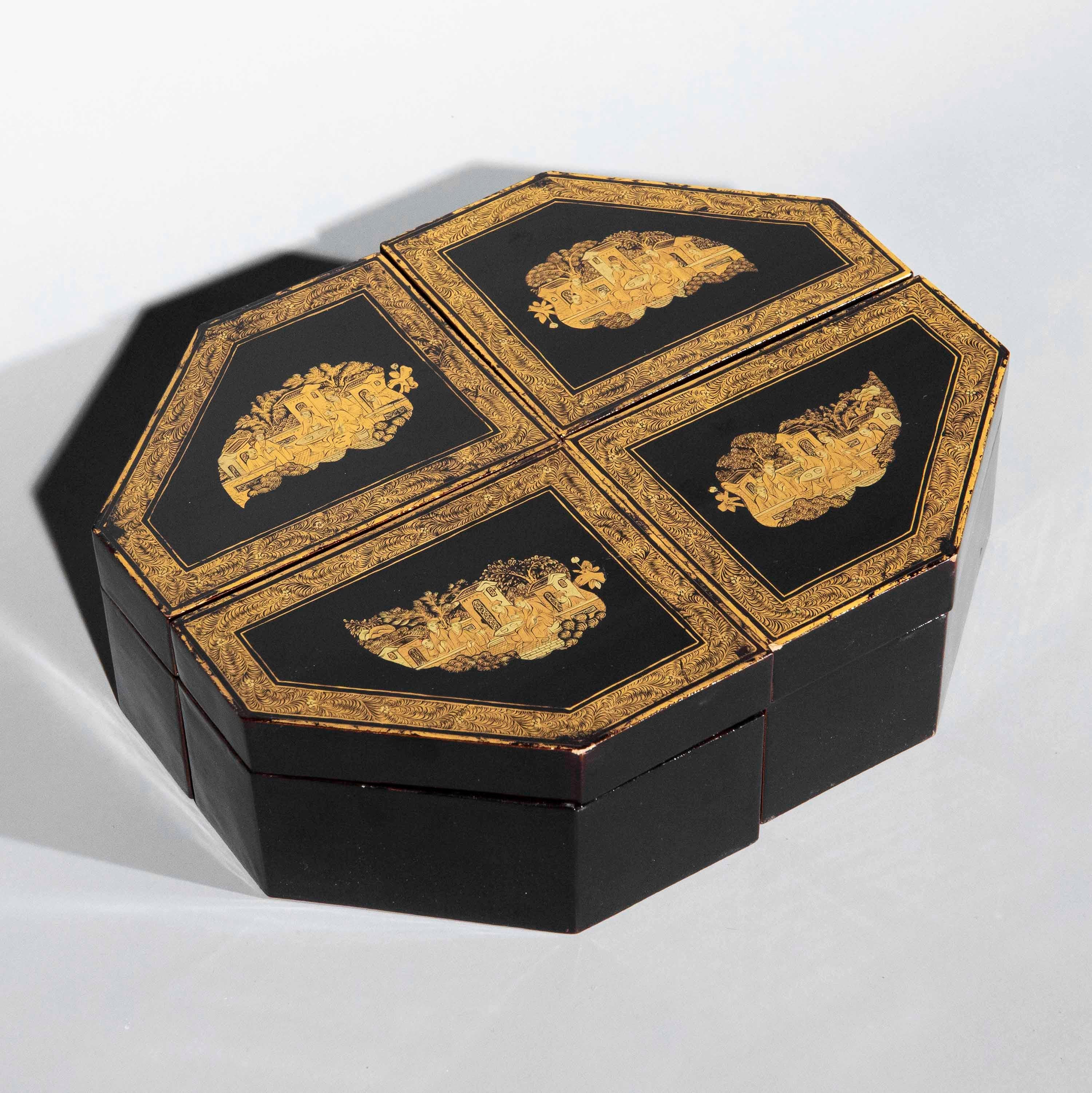 Hand-Painted Early 19th Century Chinoiserie Black Lacquer Boxes For Sale