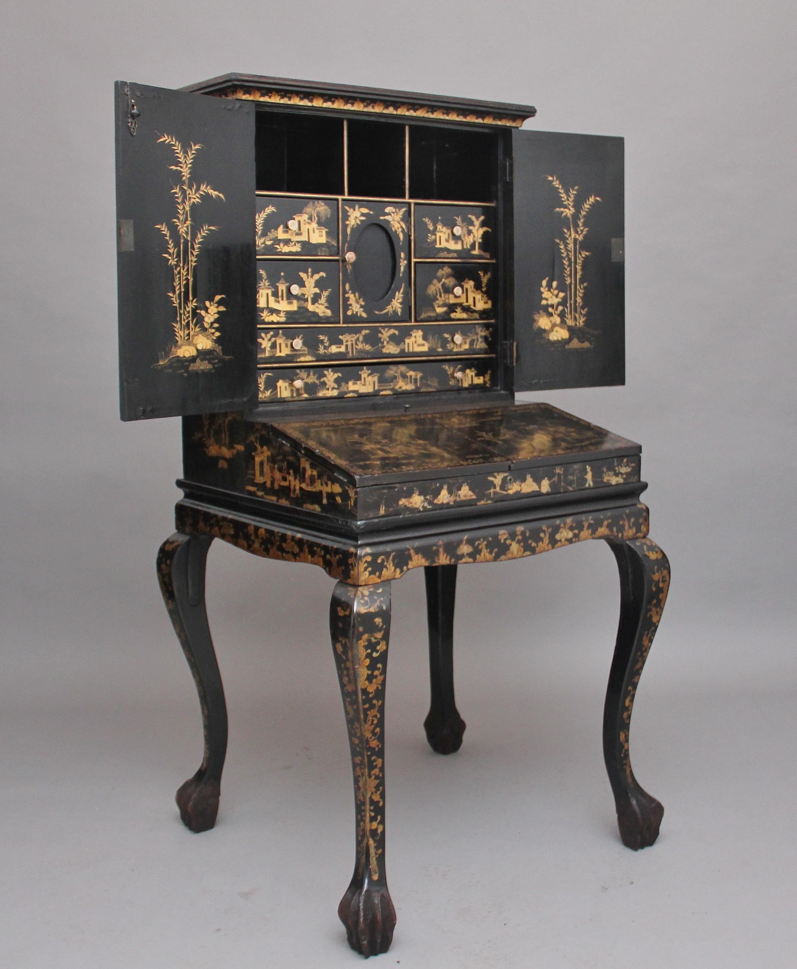 A superb quality early 19th century chinoiserie Bonheur Du Jour, the top section profusely decorated at the front and having oval panels depicting a oriental countryside scene, as is with the sides of the cabinet, the doors opening to reveal a