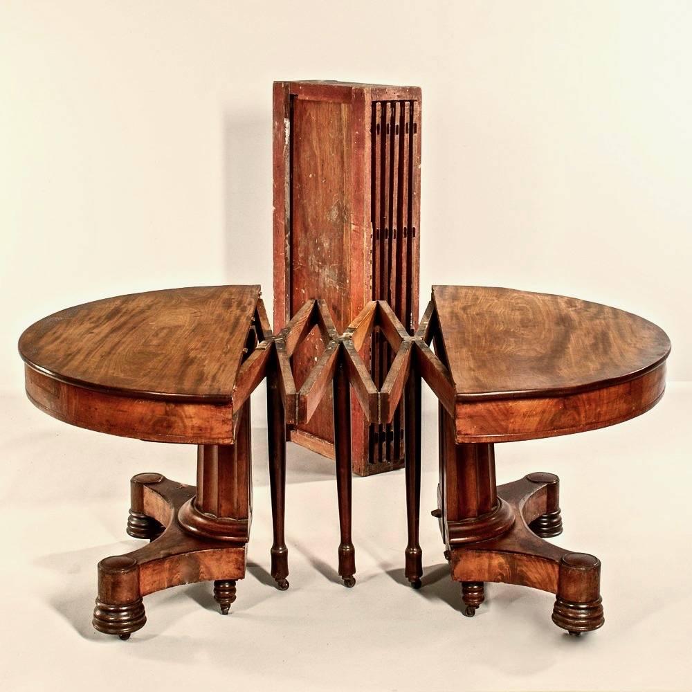 Classical mahogany and mahogany veneer extension table, John Burt, Boston, circa 1820-1830.

The circular top extends with accordion action to accommodate four 21-inches and two 10 ½ inches. leaves, still in their original red-painted case stamped