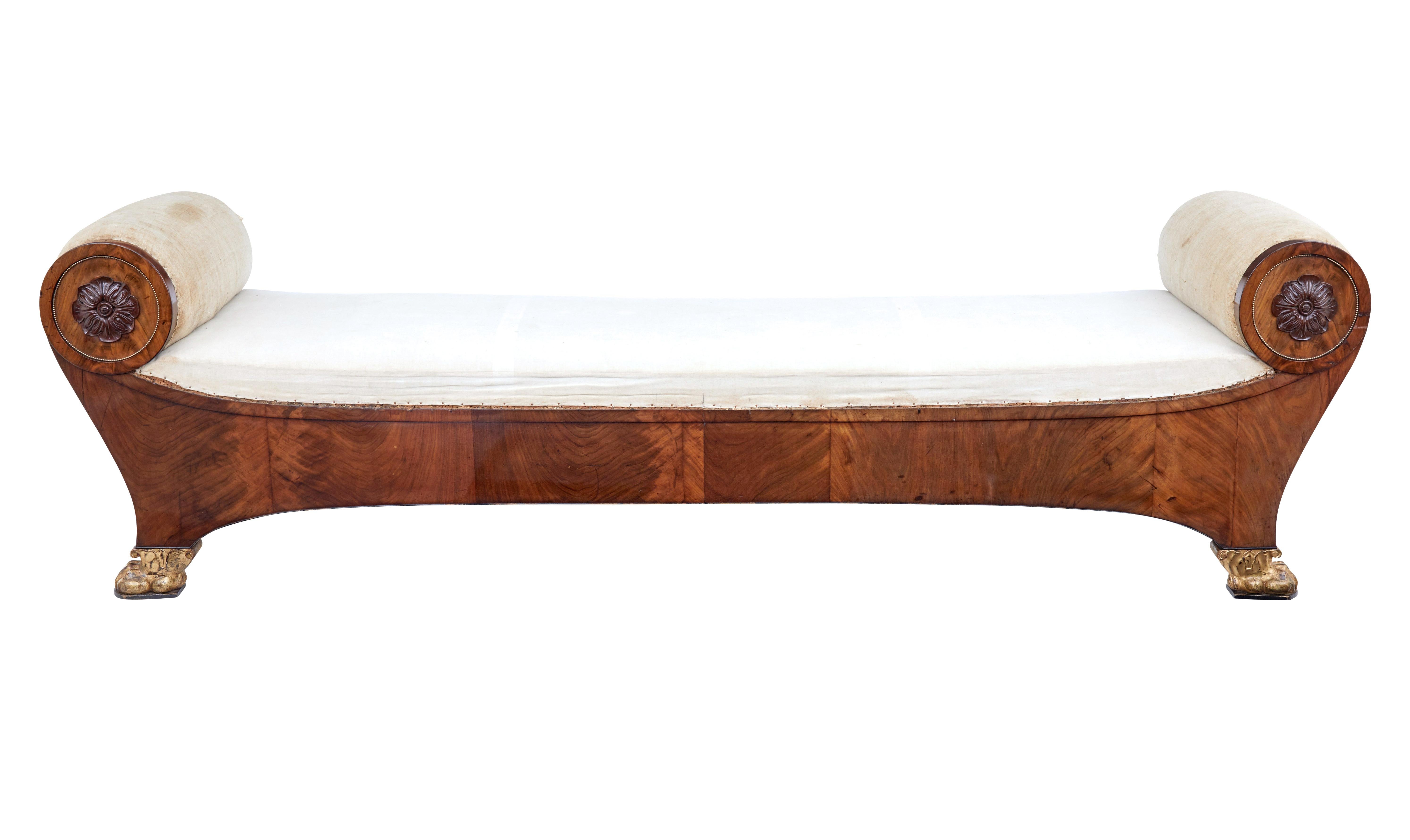 Stunning Danish Biedermeier influenced mahogany sofa of large proportions, circa 1830.

At just over 8 foot long, this sofa daybed is quite a statement piece, ideal for a hotel, shop or grand home.

Beautiful flame mahogany, with removable