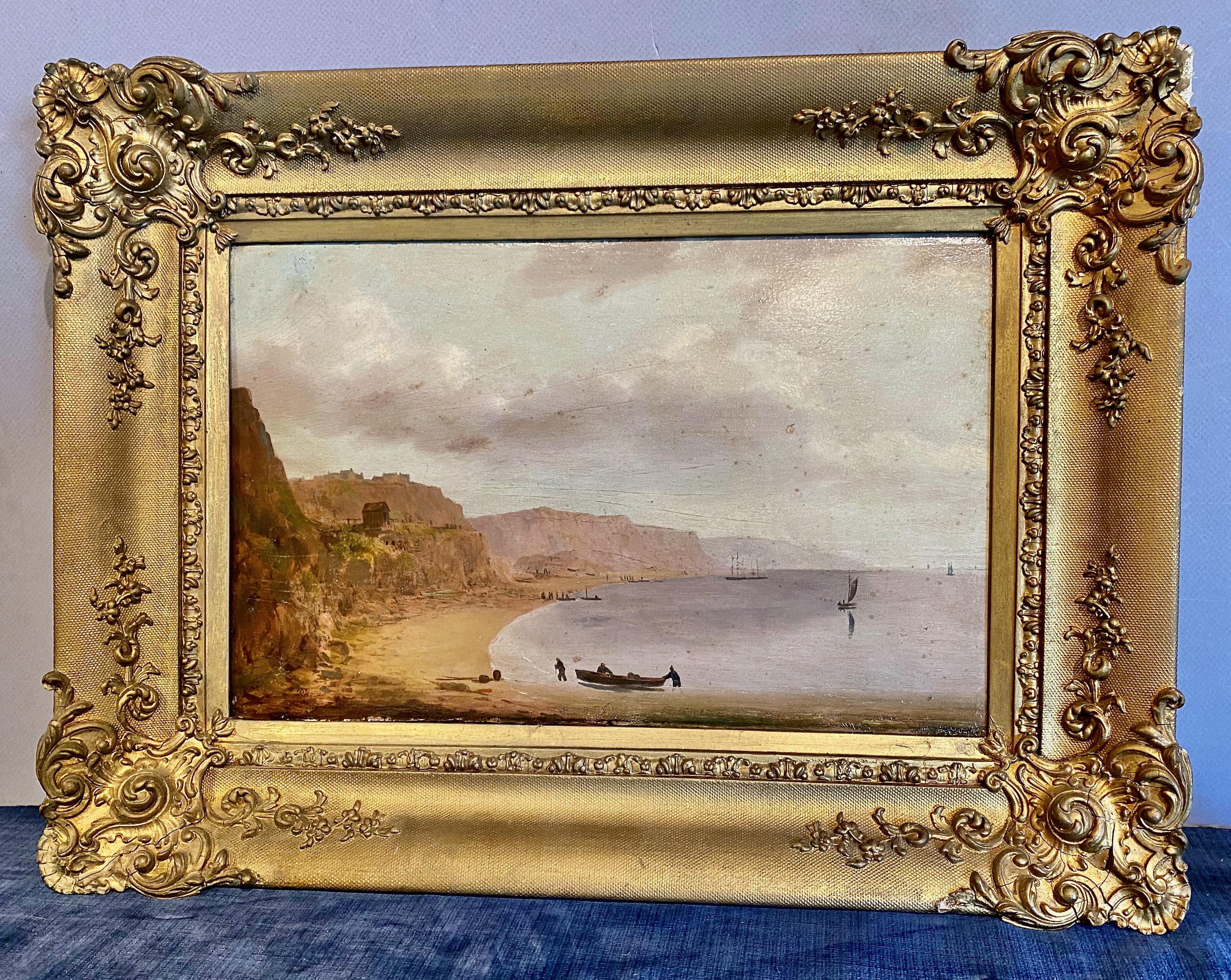 This a charming early 19th century coastal scene that has remained with its original frame. The ethereal tone of the painting draws the viewer closer into the scene. The painting is signed at lower left; however, we have been unable to ascertain the