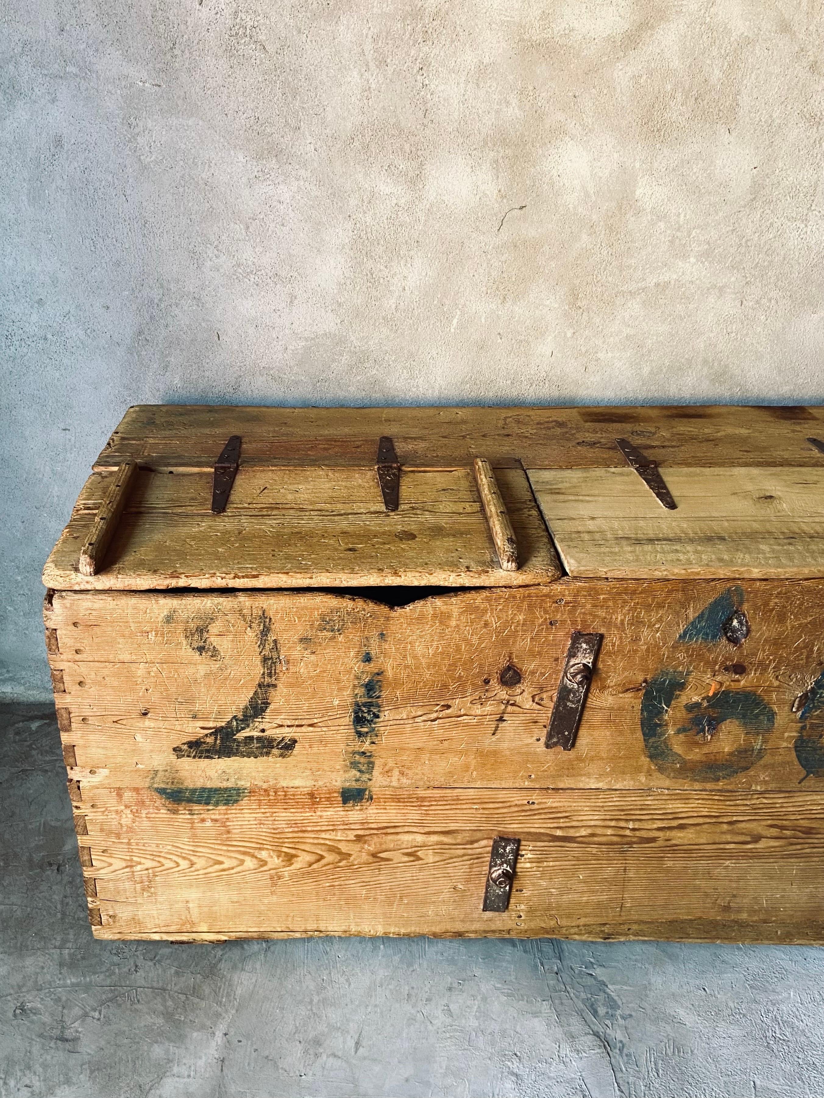 Mid 19th century Mexican colonial storage chest from the Sierra Gorda of Queretaro, Mexico. Made from Sabino wood which is similar to White Cypress. The trunk was secured at a later date in the interior with rods, most likely in the 50´s or 60´s