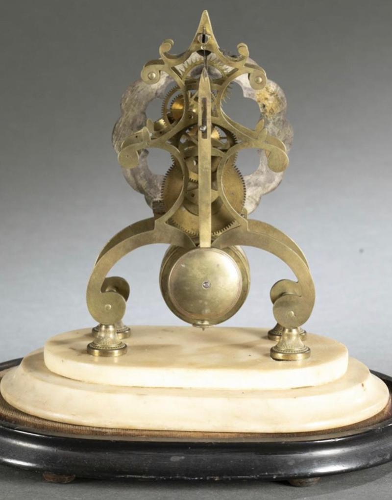 Gothic Early 19th Century, Continental Brass Skeleton Clock on Marble Base with Dome For Sale