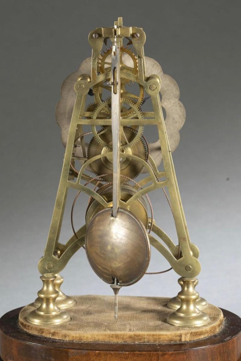 English Early 19th Century Continental Brass Skeleton Clock on Wood Base with Glass Dome For Sale