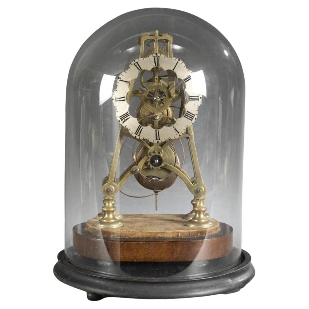 Early 19th Century Continental Brass Skeleton Clock on Wood Base with Glass Dome