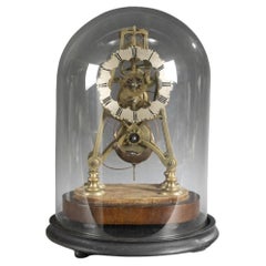 Antique Early 19th Century Continental Brass Skeleton Clock on Wood Base with Glass Dome