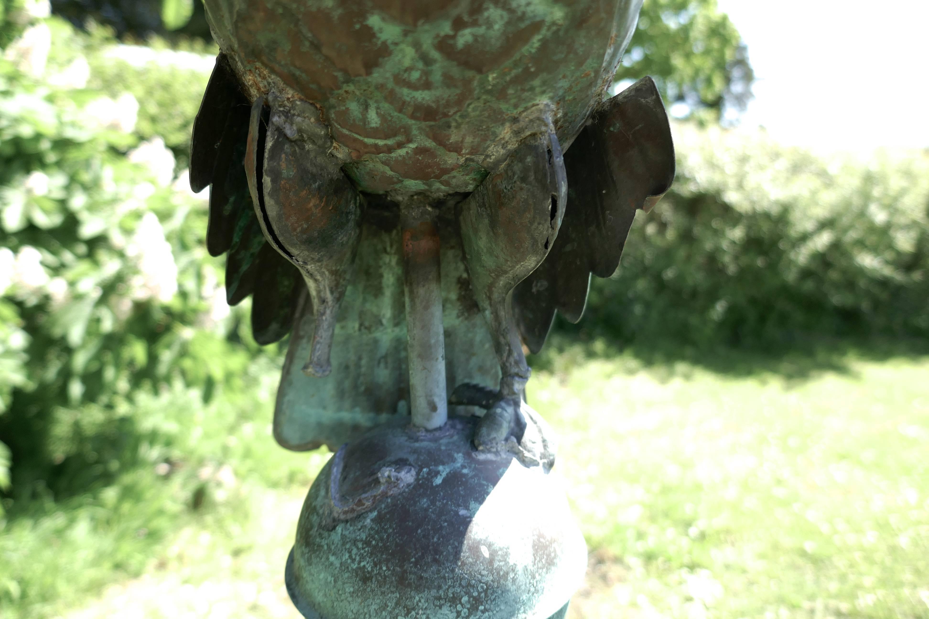 Early 19th century copper eagle, weather vane

An outstanding English antique weathervane of an eagle with outstretched wings coming in to land. 

The three dimensional copper body is pressed and shows realistic feather markings and an open beak