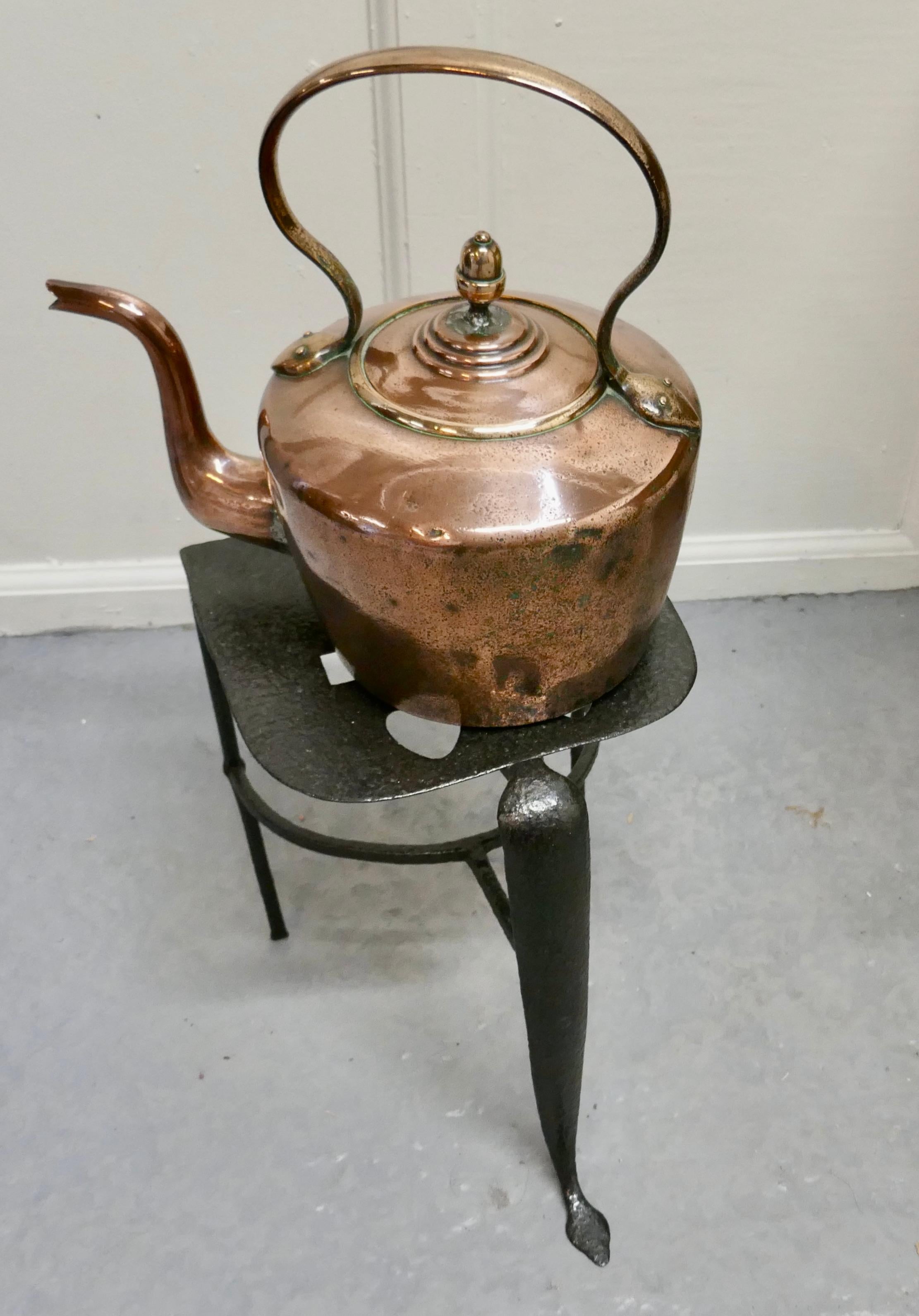 Early 19th Century Copper Kettle and Iron Trivet For Sale 2