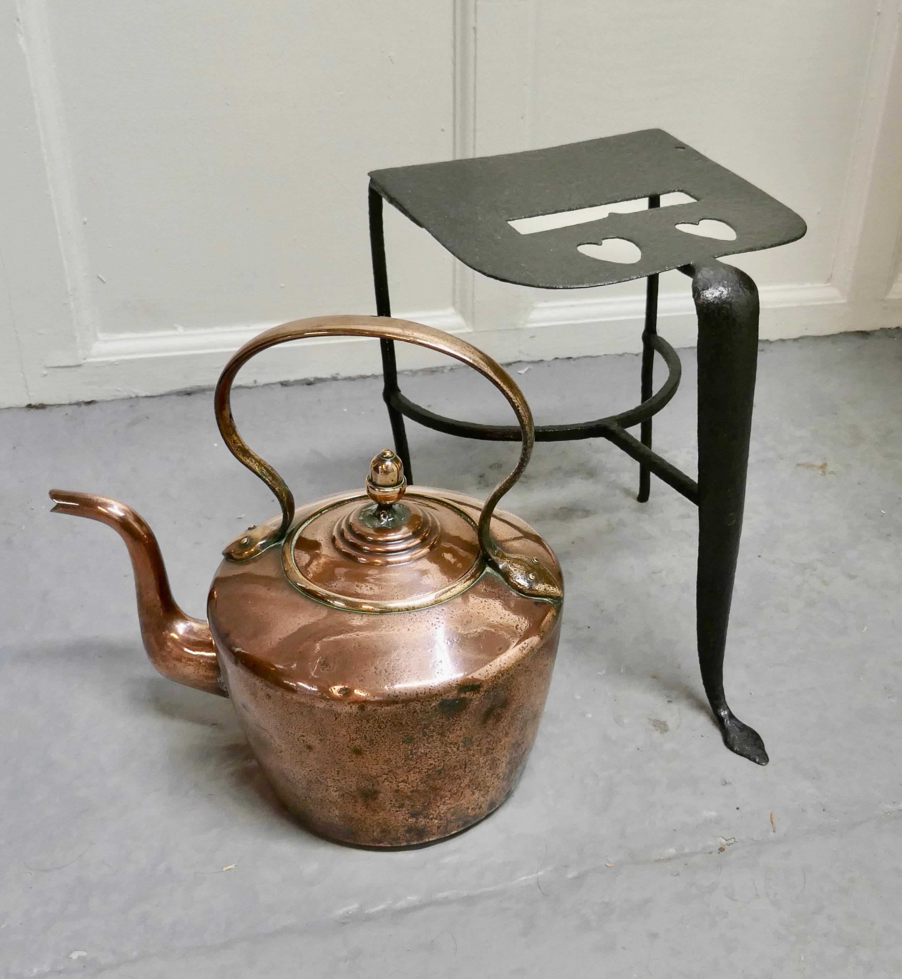 Early 19th Century Copper Kettle and Iron Trivet For Sale 4