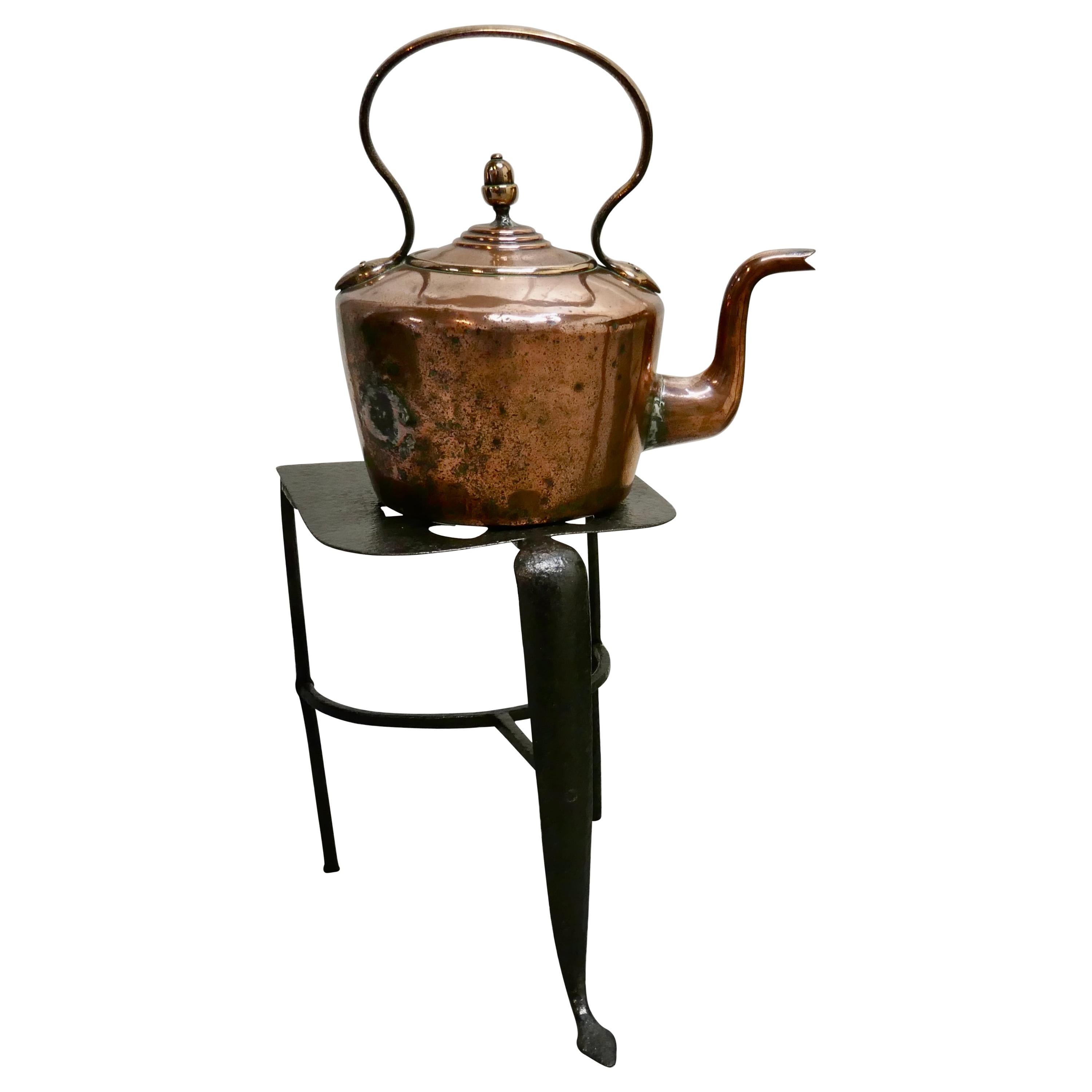 Early 19th Century Copper Kettle and Iron Trivet For Sale