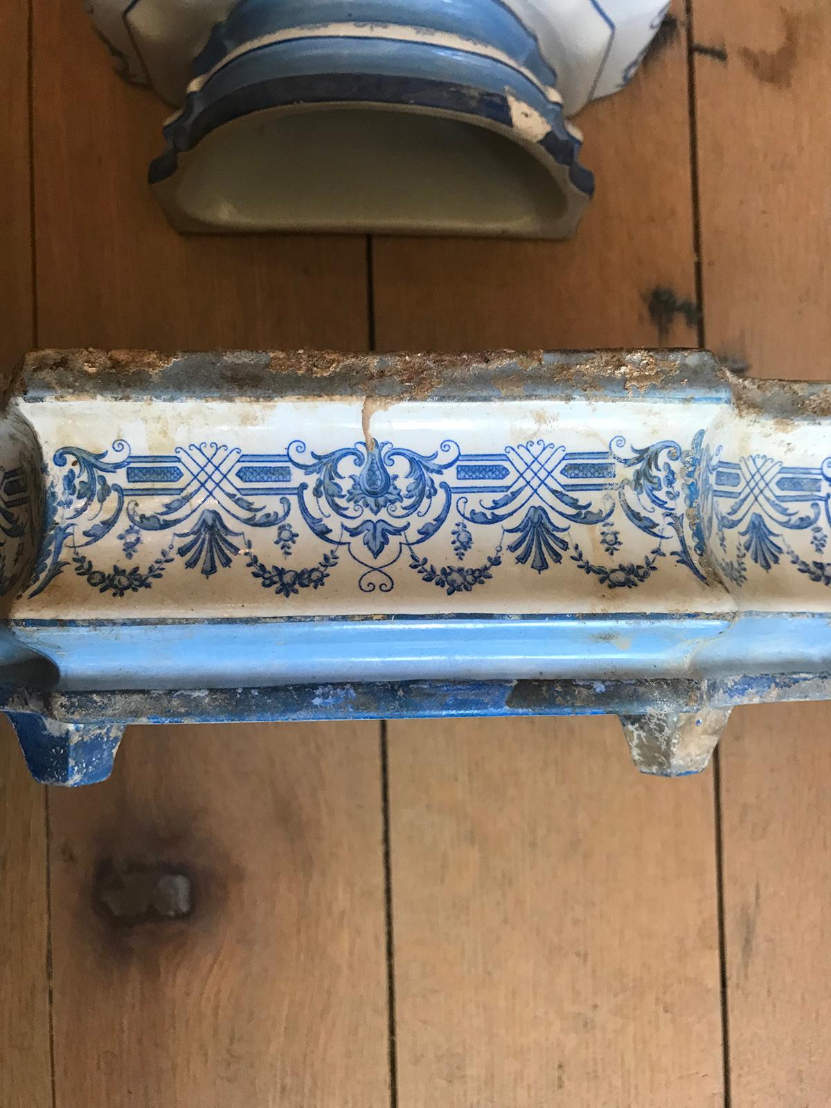 Début du 19ème siècle Creil- Montereau Bleu français & Faience blanche 3 pièces Lavabo 5