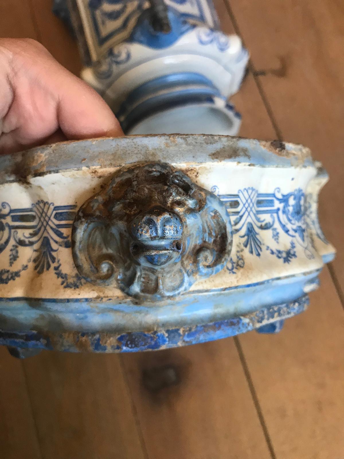 Début du 19ème siècle Creil- Montereau Bleu français & Faience blanche 3 pièces Lavabo 6