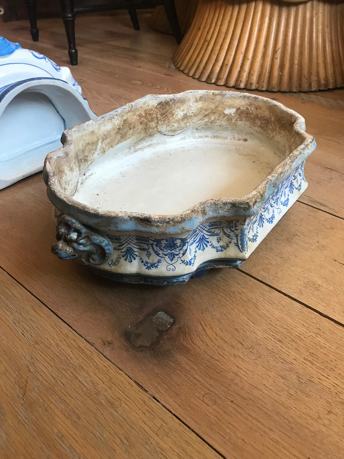 Début du 19ème siècle Creil- Montereau Bleu français & Faience blanche 3 pièces Lavabo 9