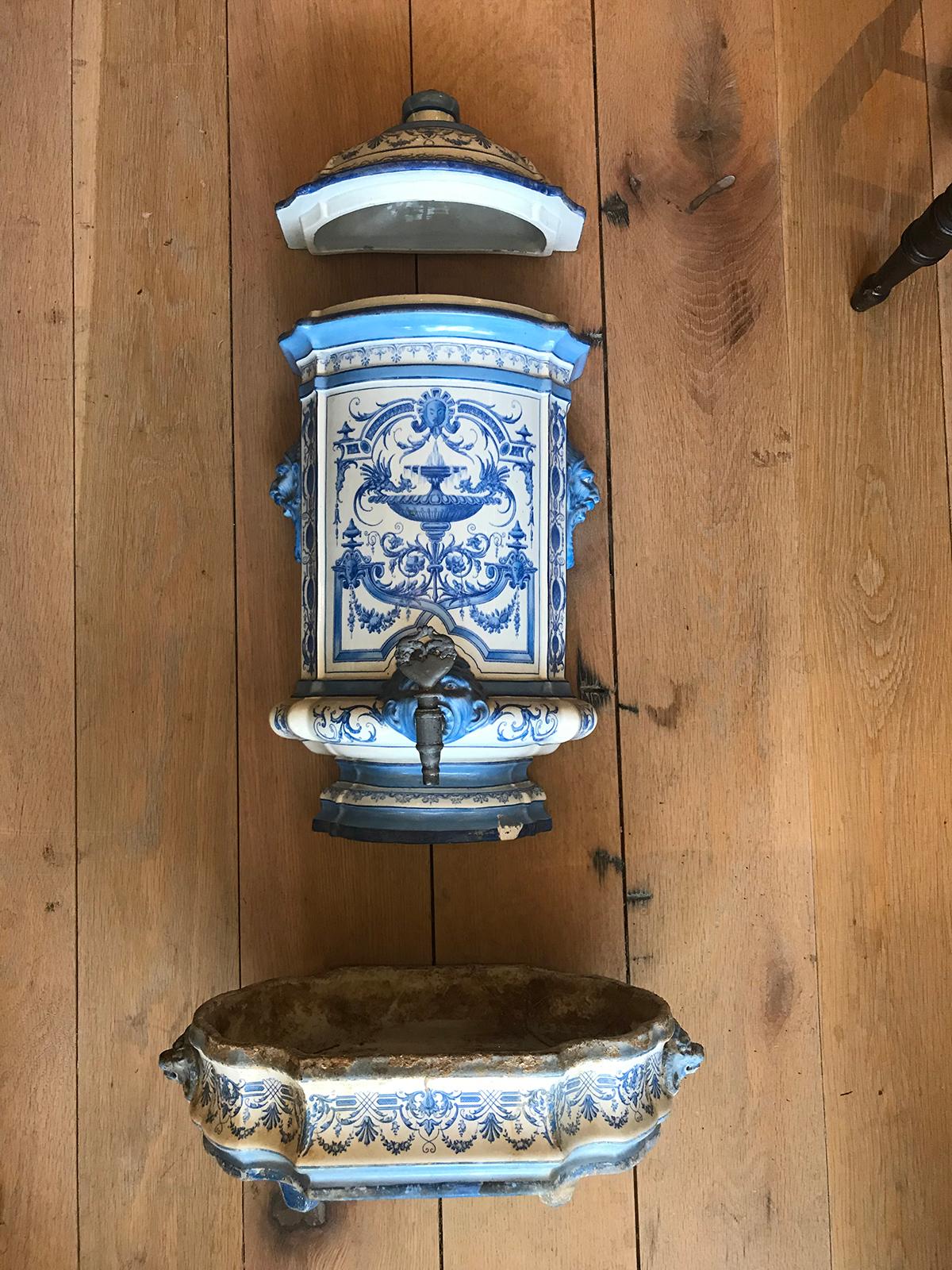 Début du 19ème siècle Creil- Montereau Bleu français & Faience blanche 3 pièces Lavabo 3