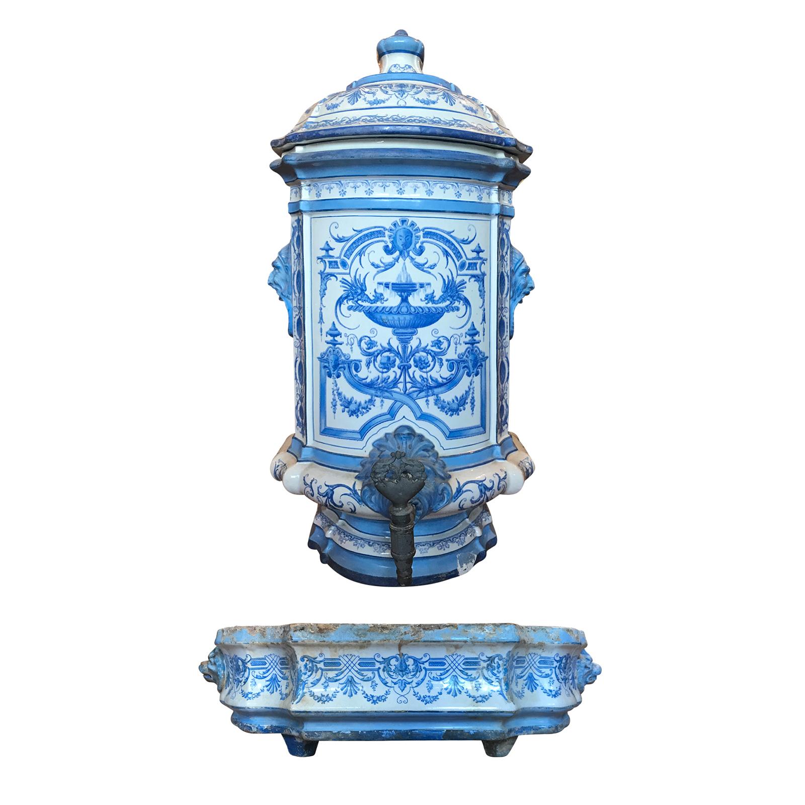 Début du 19ème siècle Creil- Montereau Bleu français & Faience blanche 3 pièces Lavabo