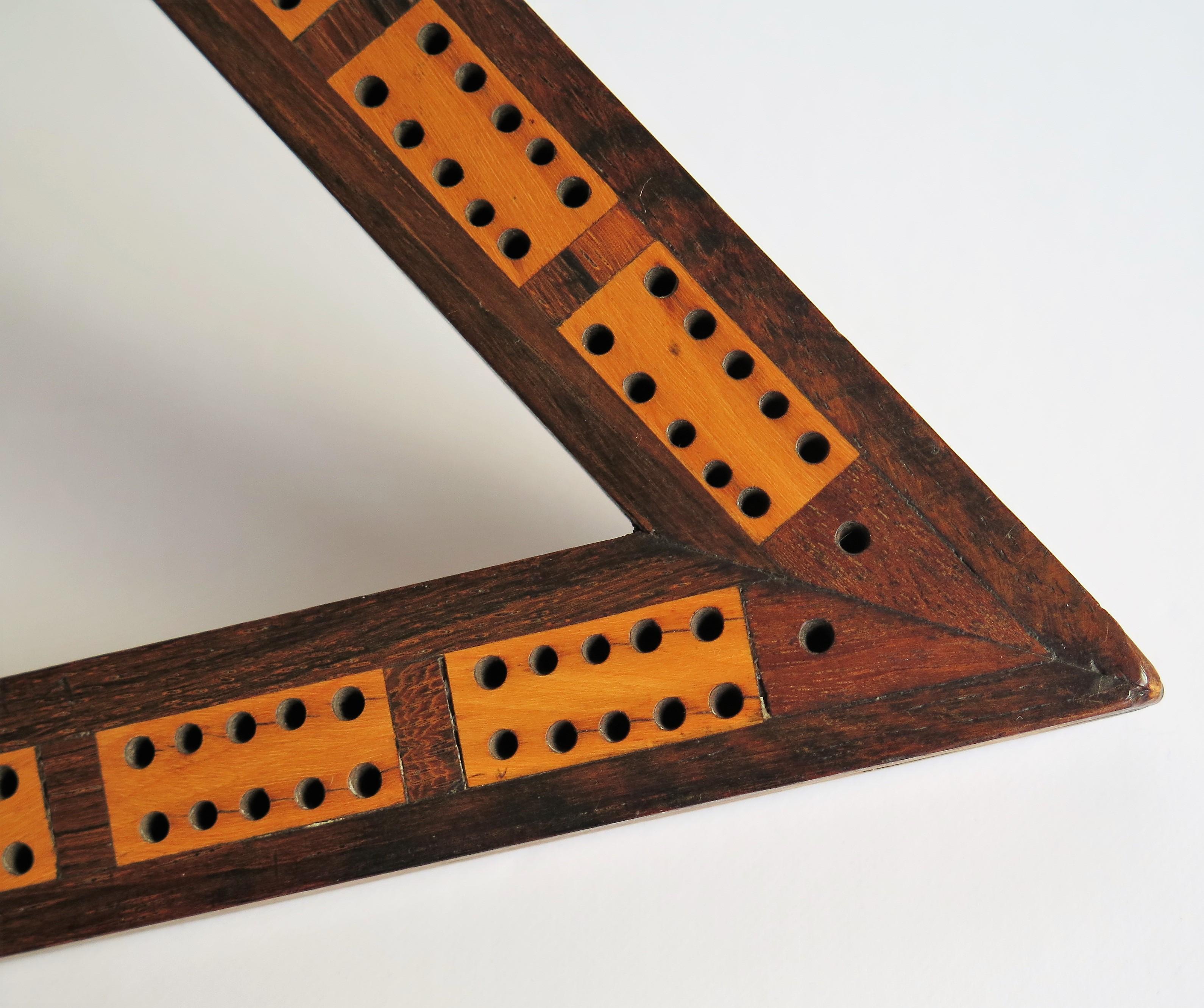 Bone 19th Century Cribbage Game Score Board Inlaid Woods with 4 Pegs, circa 1820