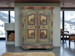 Early 19th-century Cupboard painted Green with Landscapes and Flowers