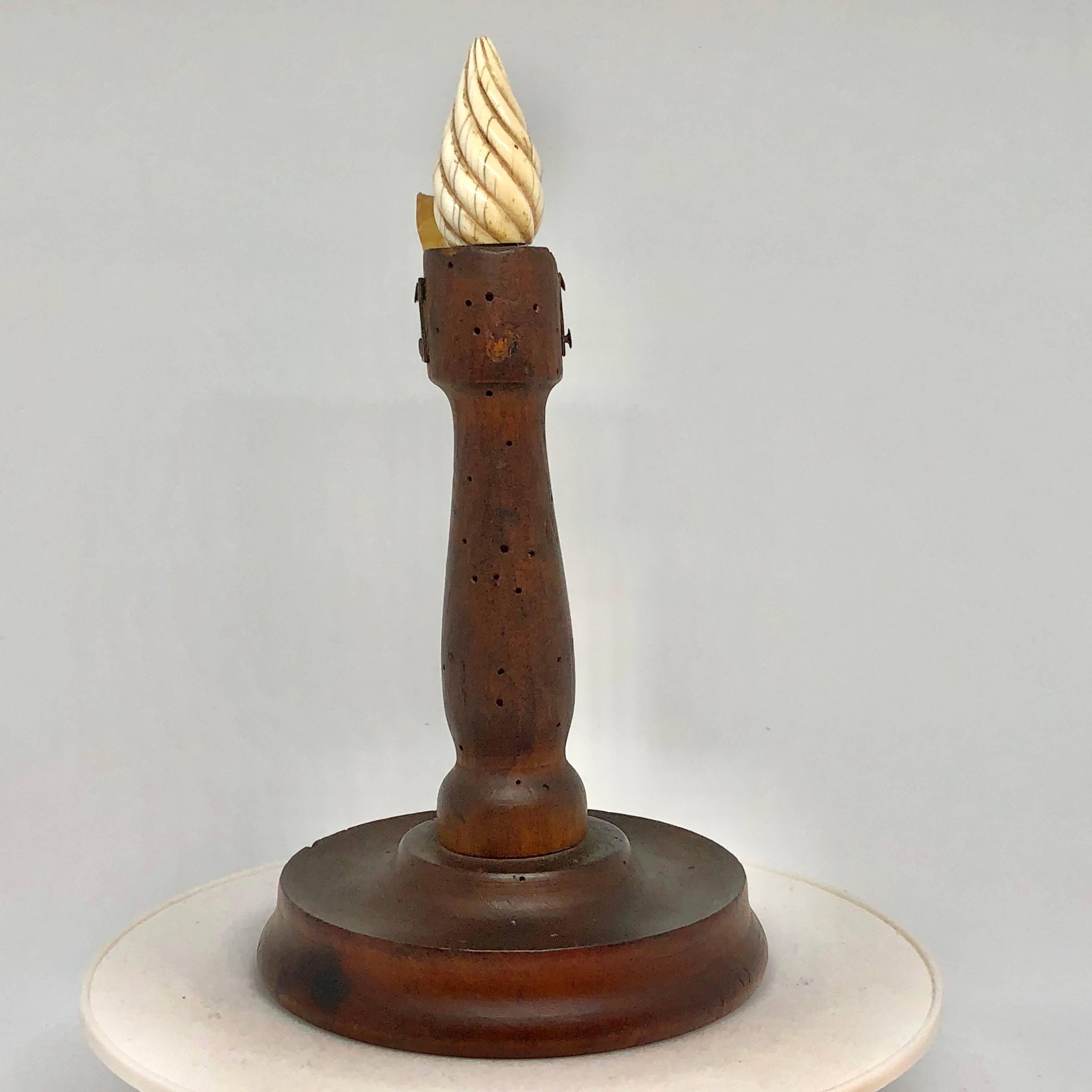 Metal Early 19th Century Danish Folk Art Candlestick With Faux Flame Of Antler