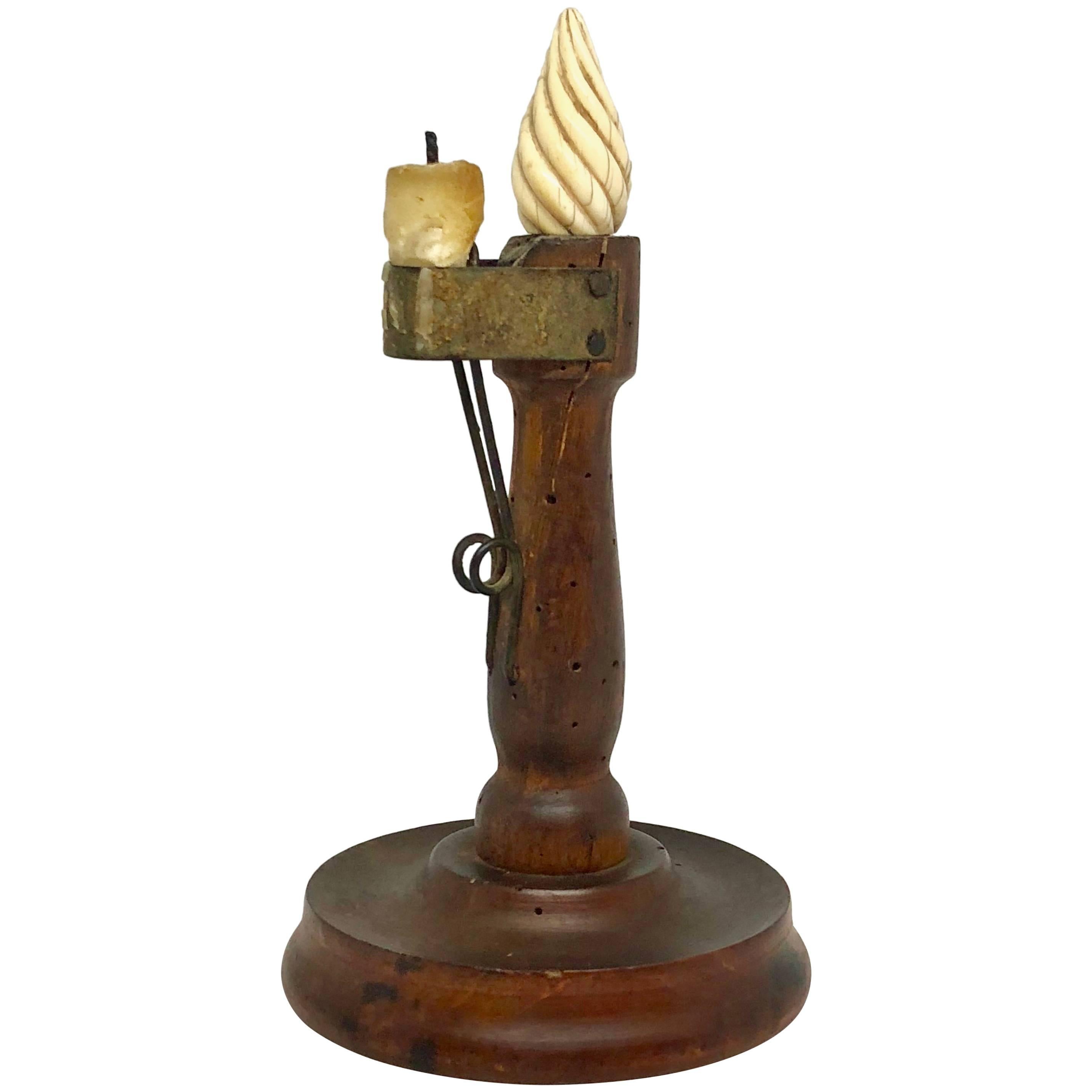 Early 19th Century Danish Folk Art Candlestick With Faux Flame Of Antler