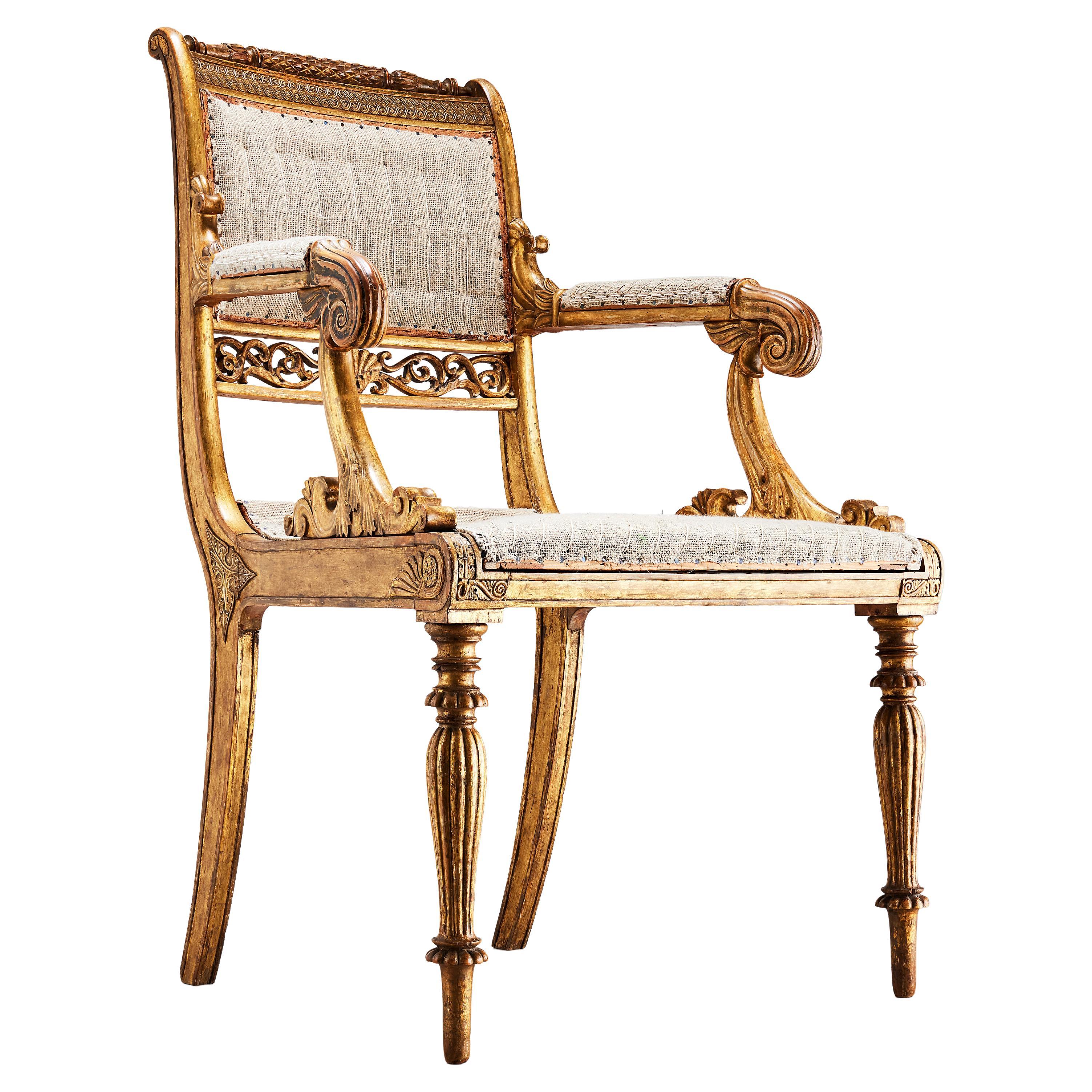 Dänischer Sessel aus vergoldetem Holz von Gustav Friederich Hetsch aus dem frühen 19. Jahrhundert im Angebot