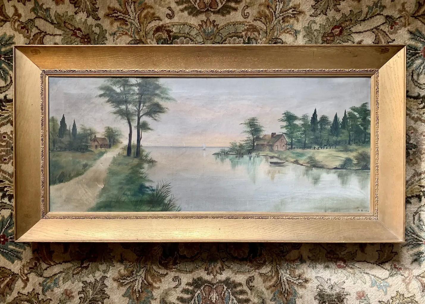 Offering a serene Danish landscape, oil on canvas, circa 1818 signed M.R. Showcased in original sleek and sturdy gilt wooden frame of the period. Soothing cottage retreat on the water in earthy tones compliments various styles from rich to neutral
