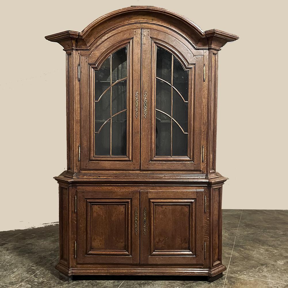 Early 19th Century Dutch Bookcase ~ China Cabinet was designed to command the room, plus house and display all a family's cherished keepsakes or books, with copious storage in the stepped-out cabinet below.  The design, although almost two feet in
