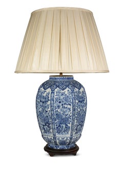 Early 19th Century Dutch Delft Table Lamp, Blue Floral Design, Ebonised Base