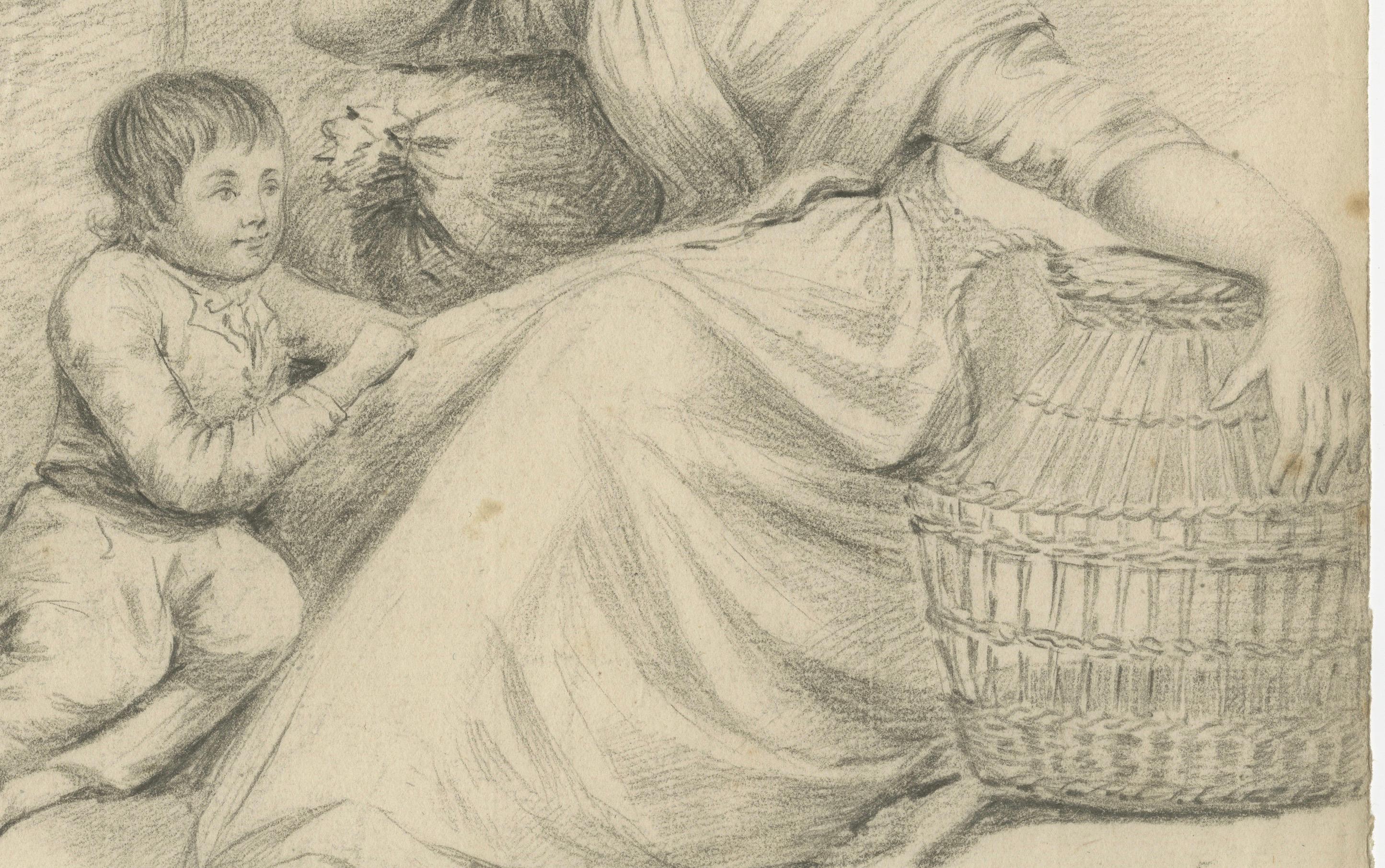 Dessin hollandais du début du XIXe siècle - Femme avec des enfants et des paniers, c.1805 Bon état - En vente à Langweer, NL