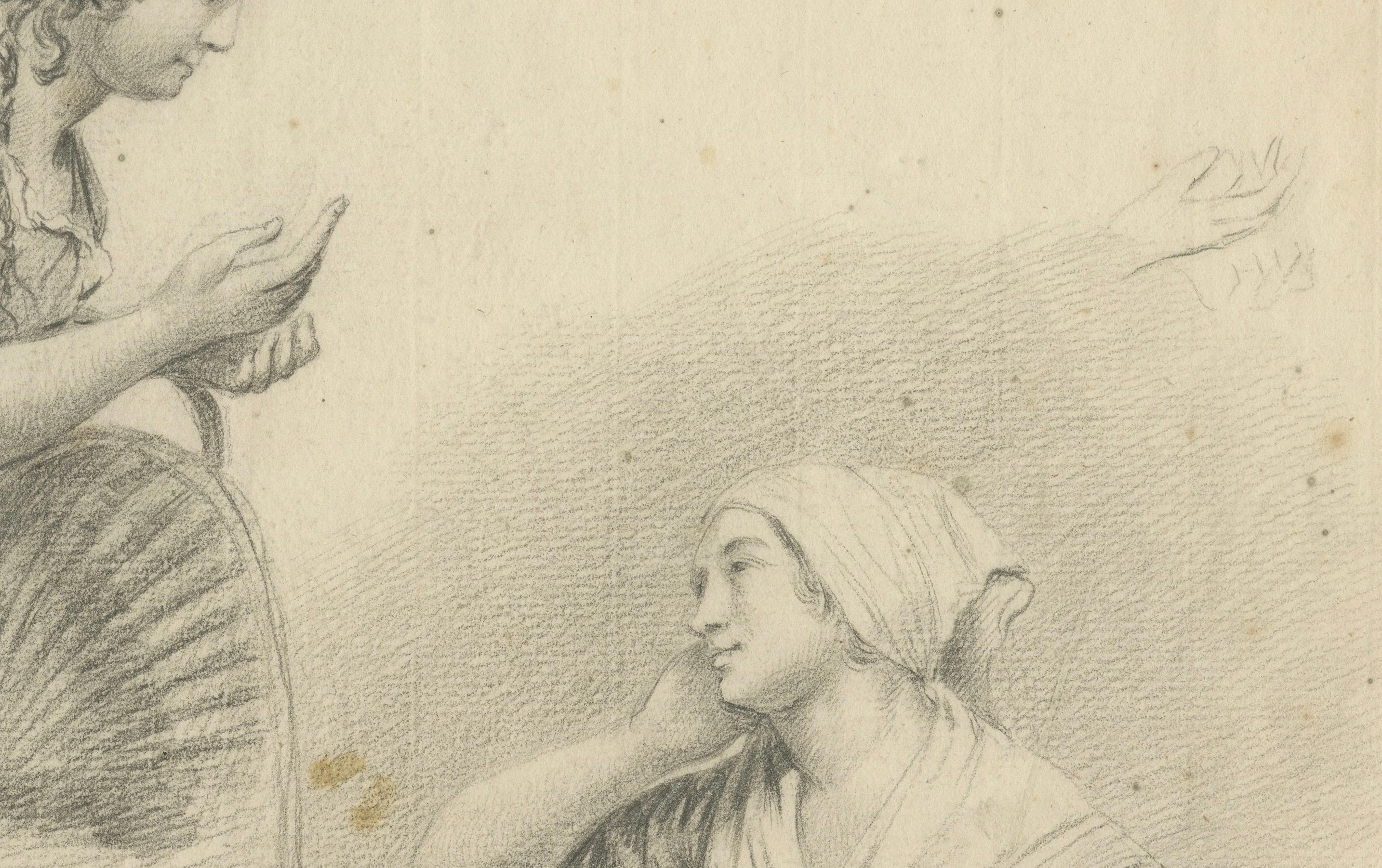 Papier Dessin hollandais du début du XIXe siècle - Femme avec des enfants et des paniers, c.1805 en vente
