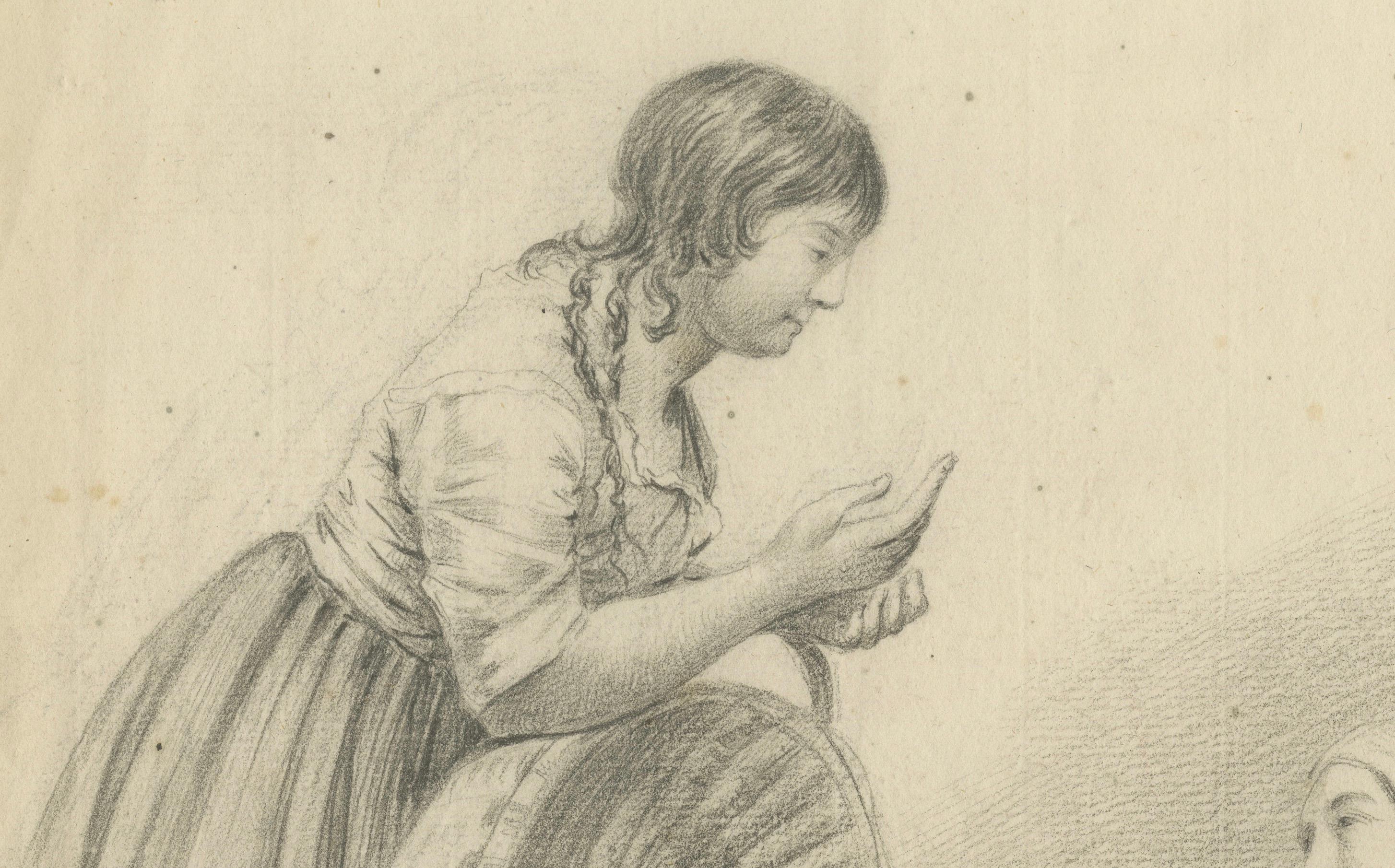 Dessin hollandais du début du XIXe siècle - Femme avec des enfants et des paniers, c.1805 en vente 1