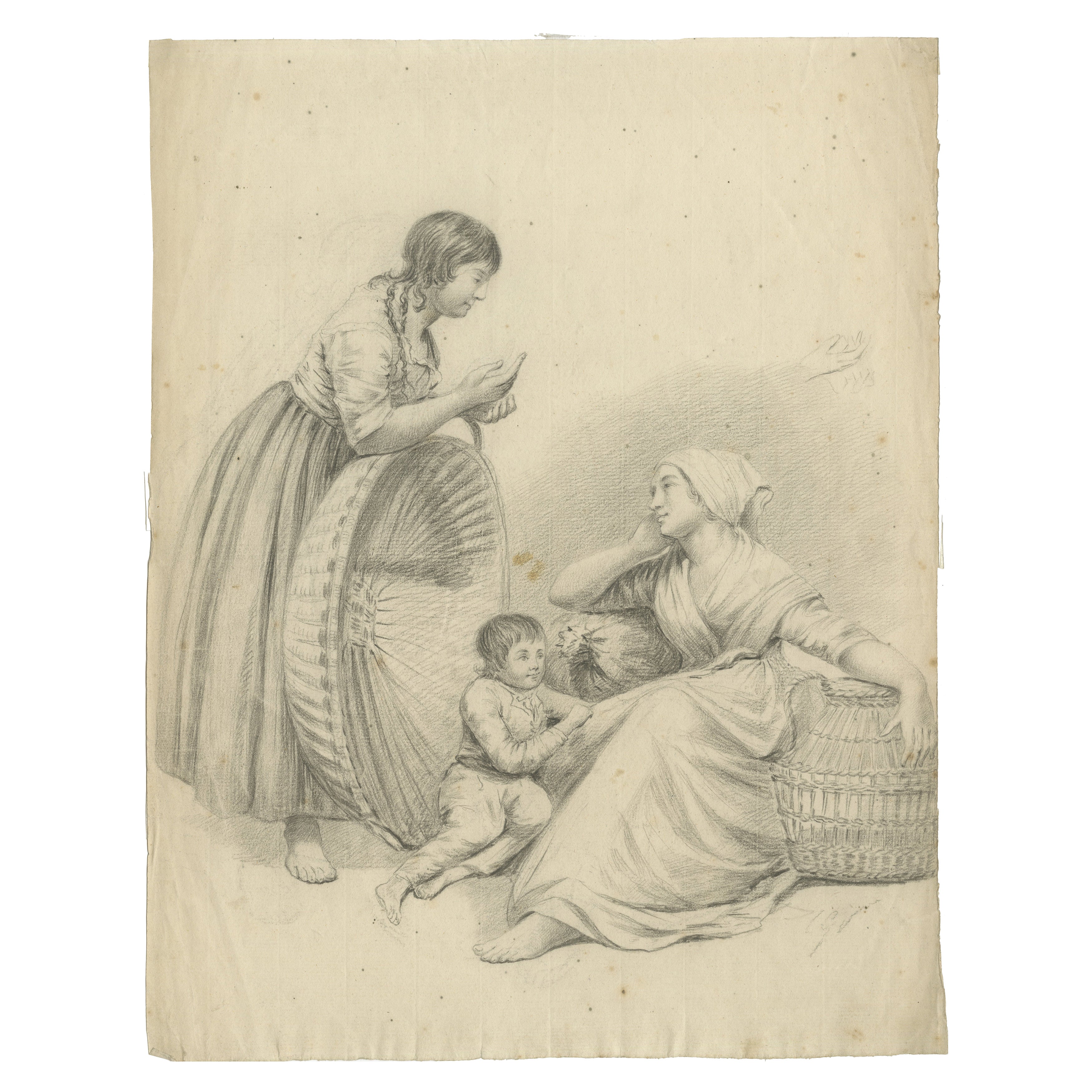 Early 19th-Century Dutch Drawing – Woman with Children and Baskets, c.1805