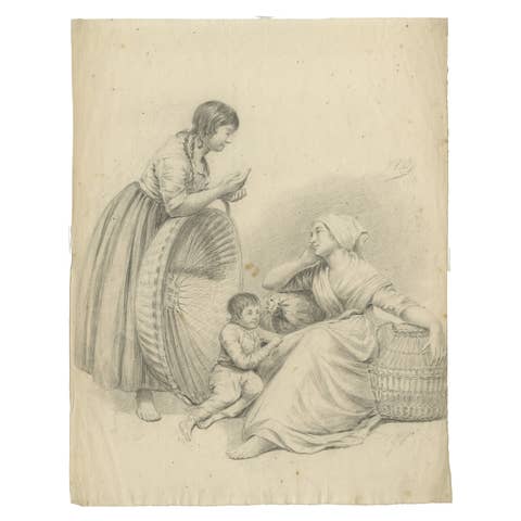 Early 19th-Century Dutch Drawing – Woman with Children and Baskets, c.1805