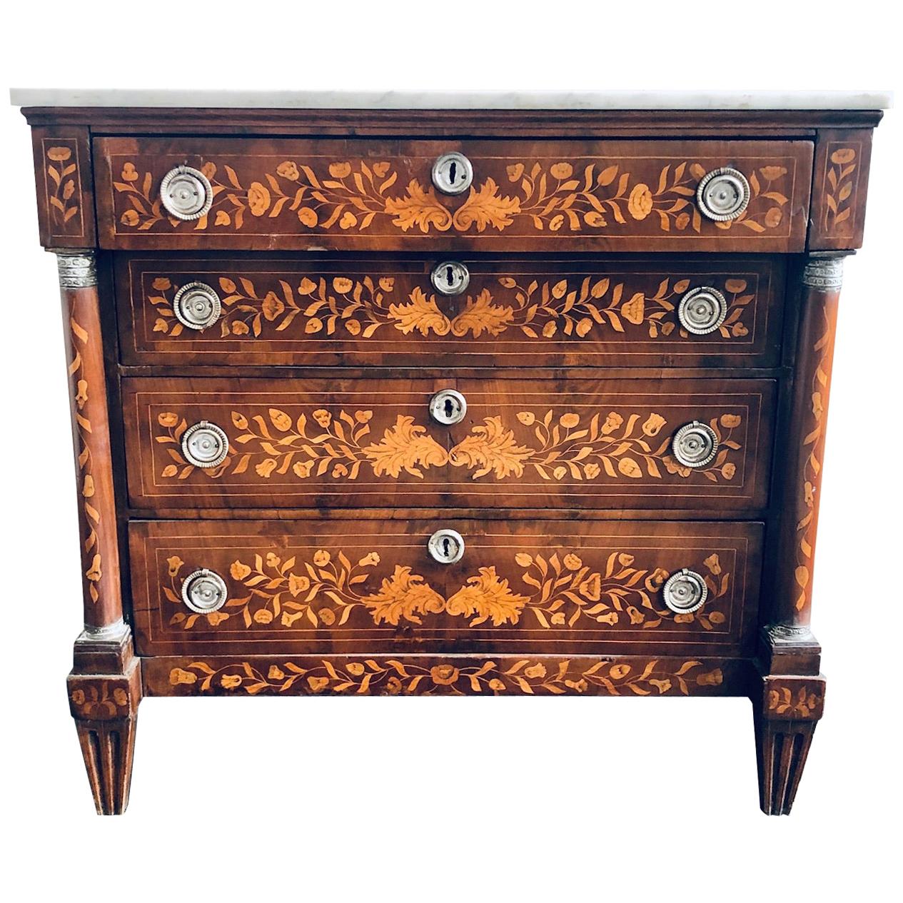 Early 19th Century Dutch Empire Style Mahogany and Satinwood Marquetry Commode For Sale