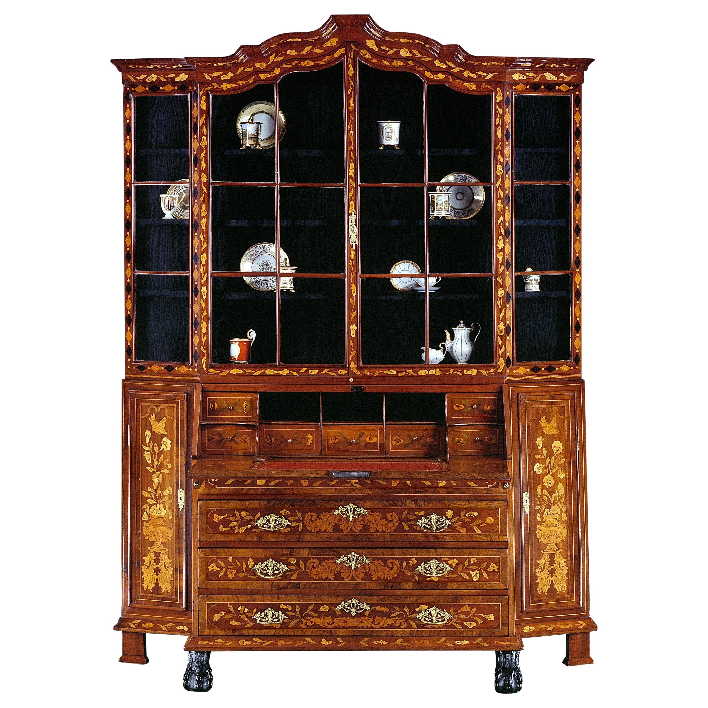 Early 19th Century Dutch Floral Marquetry Bureau Display Cabinet For Sale