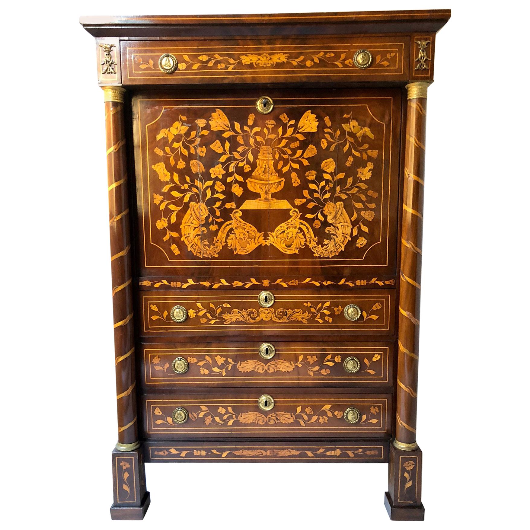 Early 19th Century Dutch Mahogany and Satinwood Marquetry Secretaire a Abbattant
