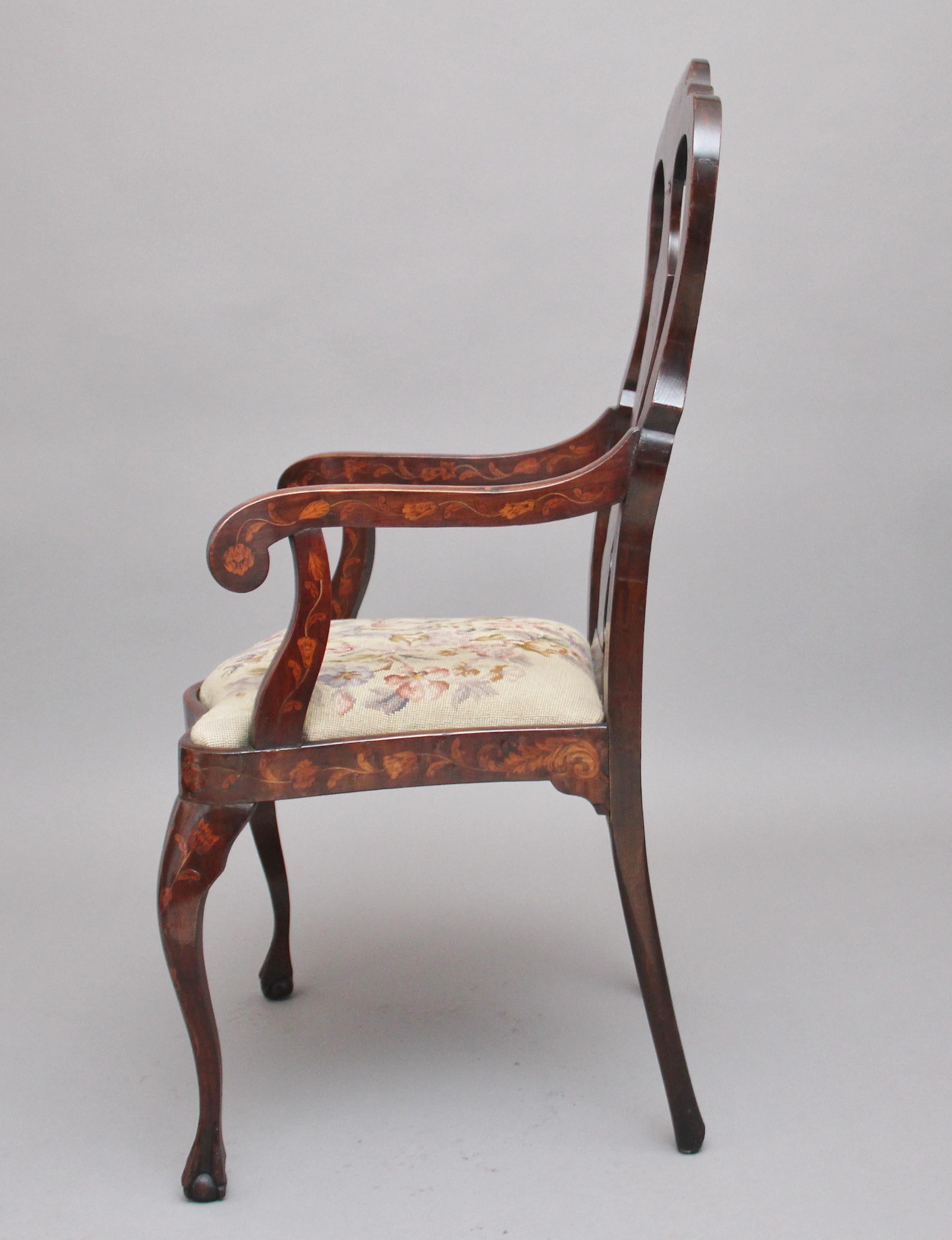 Mahogany Early 19th Century Dutch Marquetry Armchair For Sale