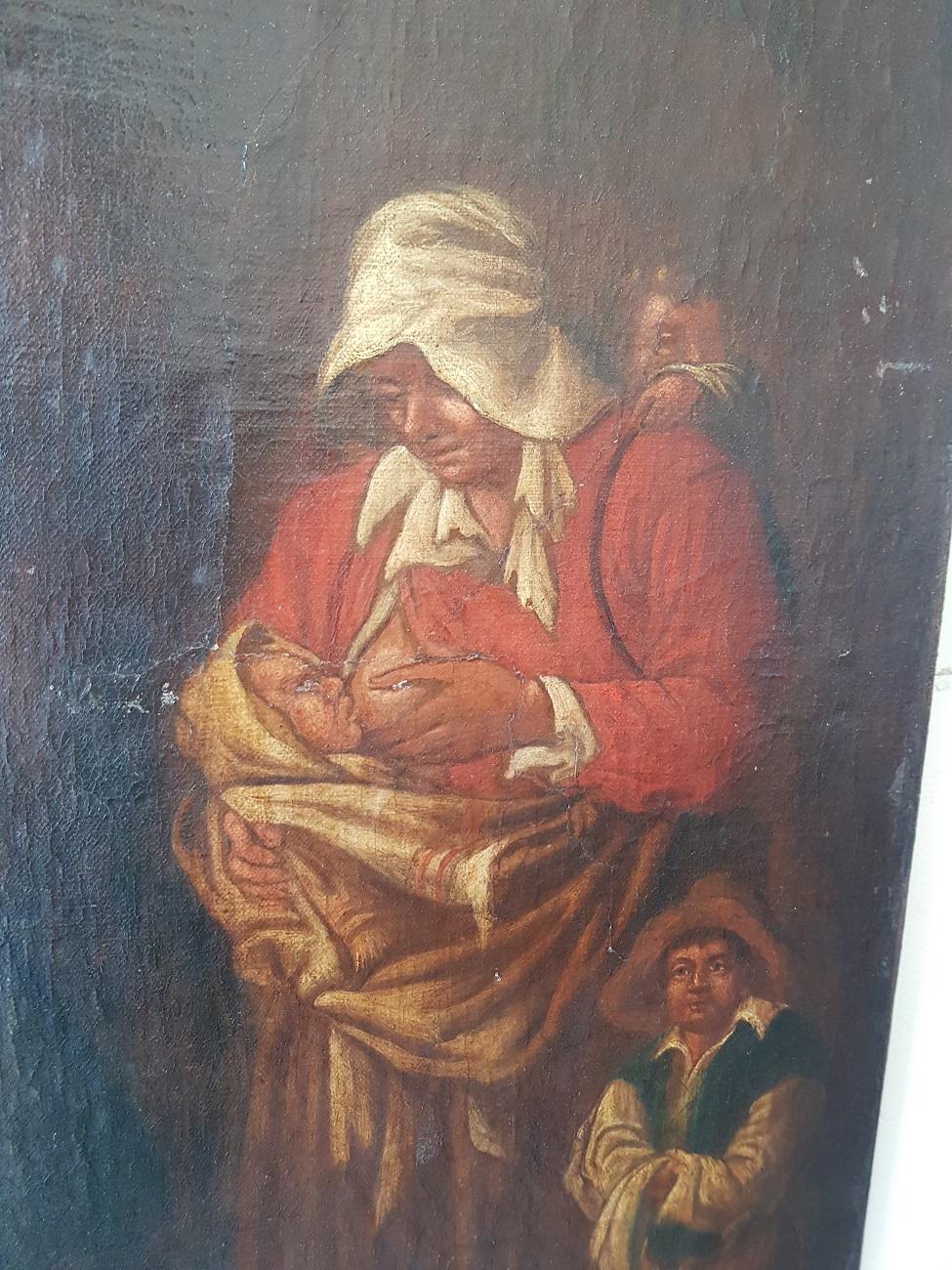 Early 19th Century Dutch Painting of a Musician and Mother with Children In Fair Condition For Sale In Raalte, NL